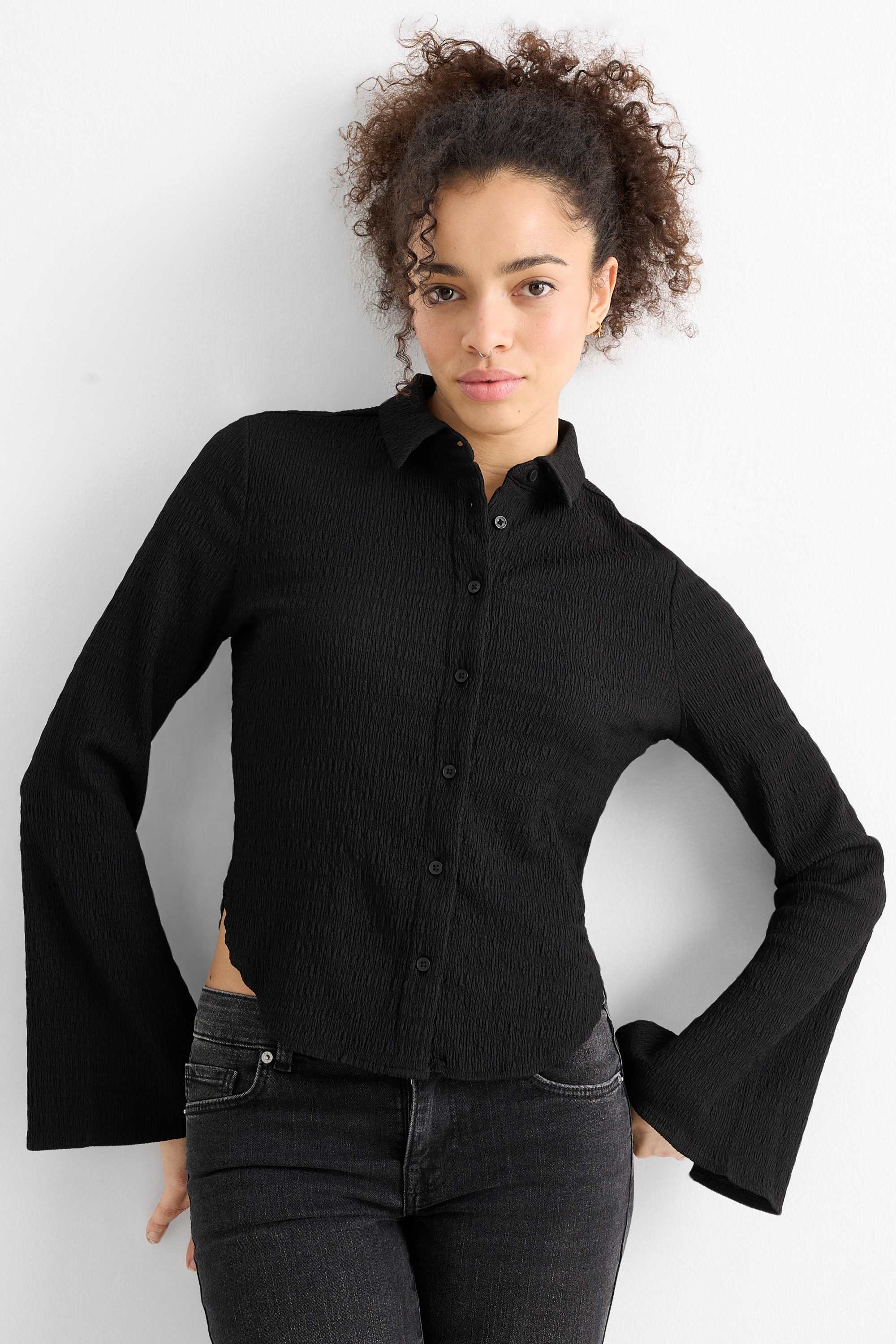Shirt blouse - smocked black