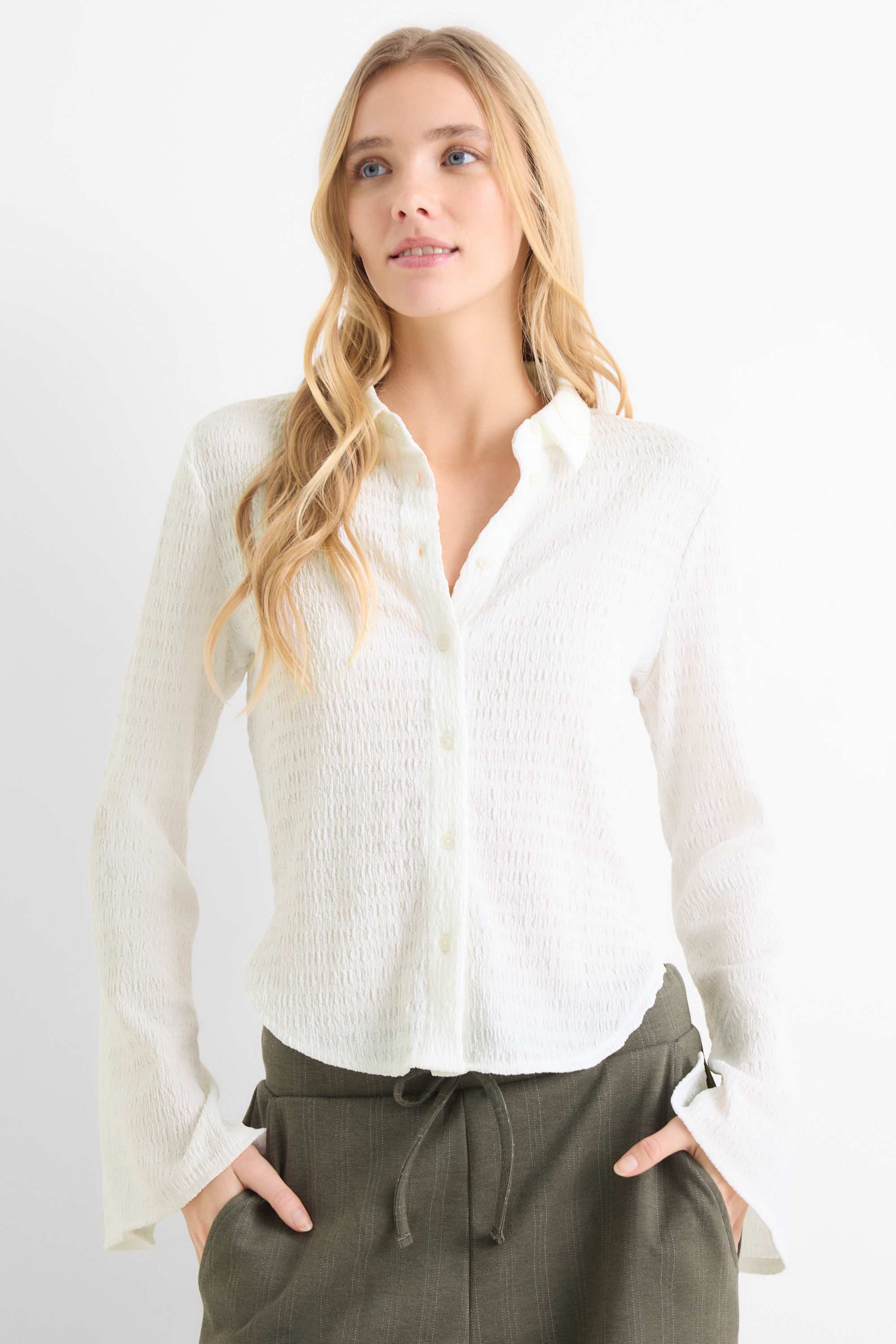 Shirt blouse - smocked white