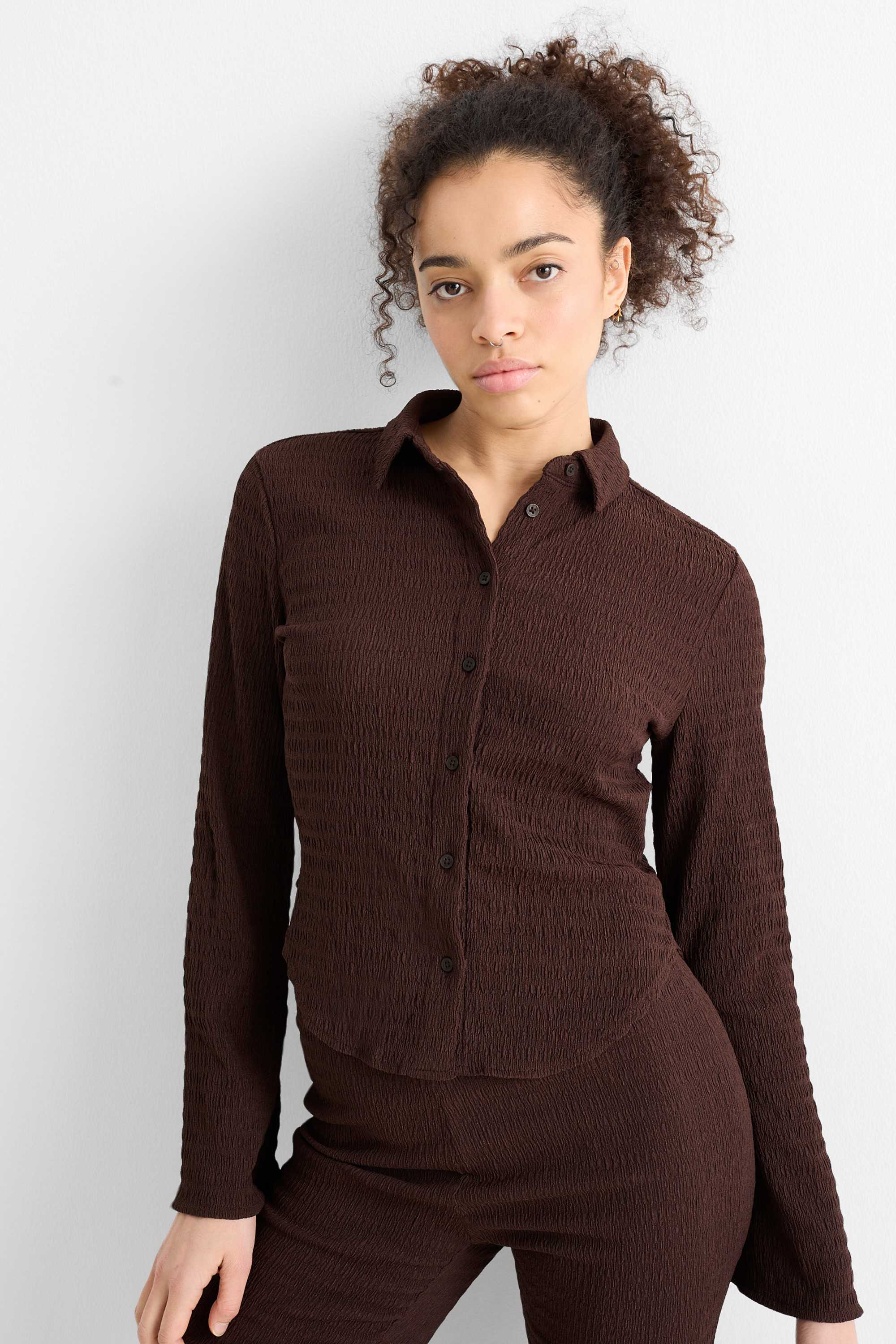 Shirt blouse - smocked dark brown