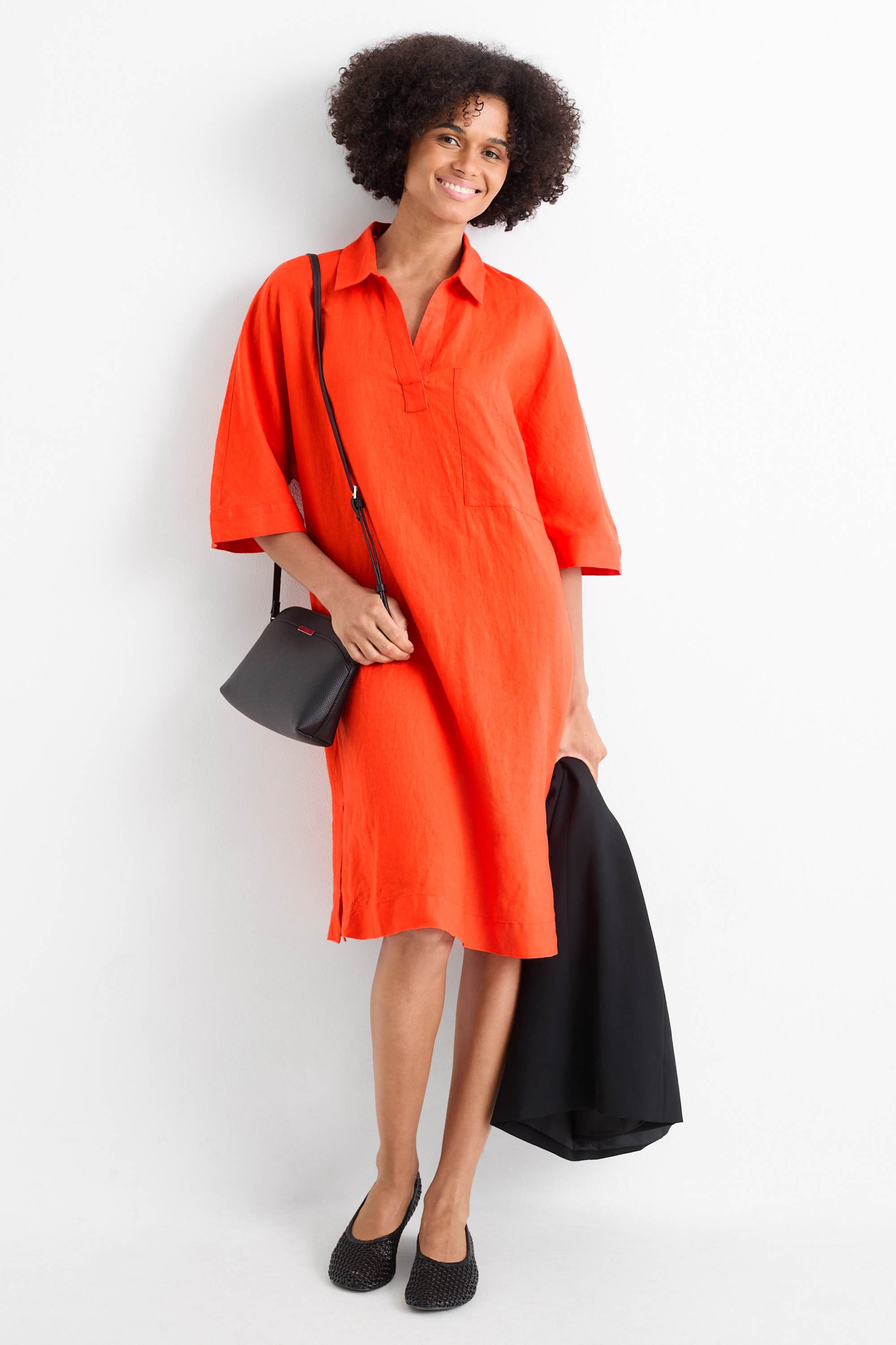 Linen dress - straight fit orange