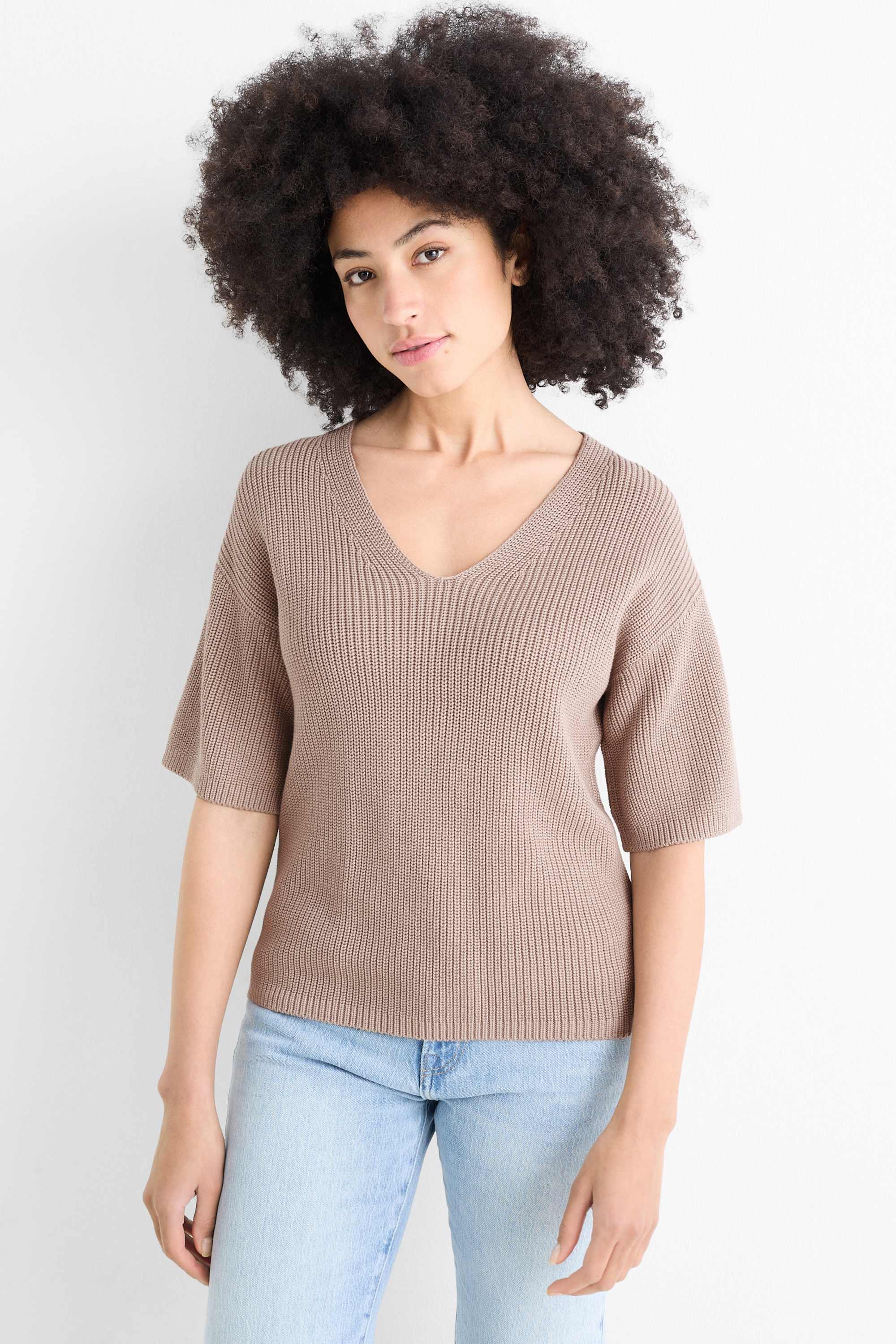 Knitted jumper - short sleeve light brown
