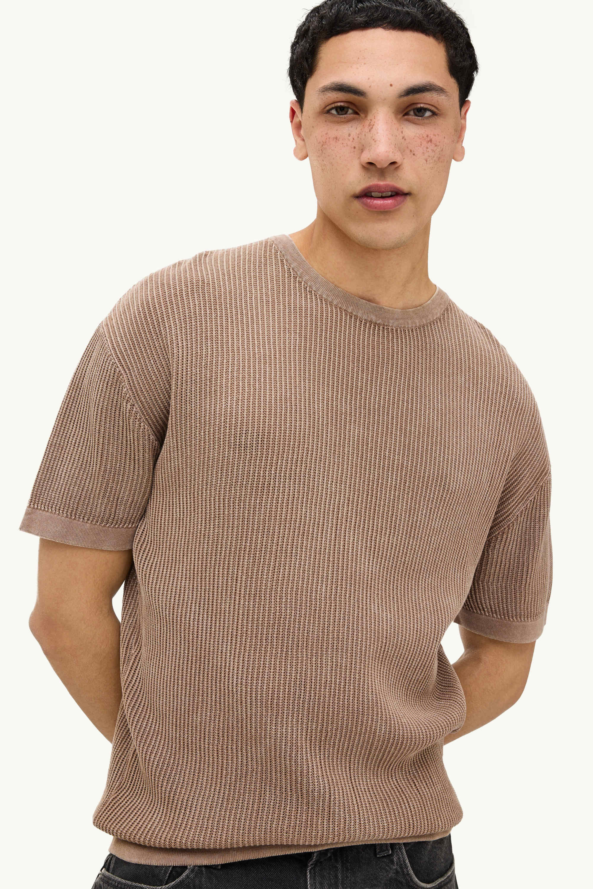Knitted jumper - short sleeve - ribbed gray