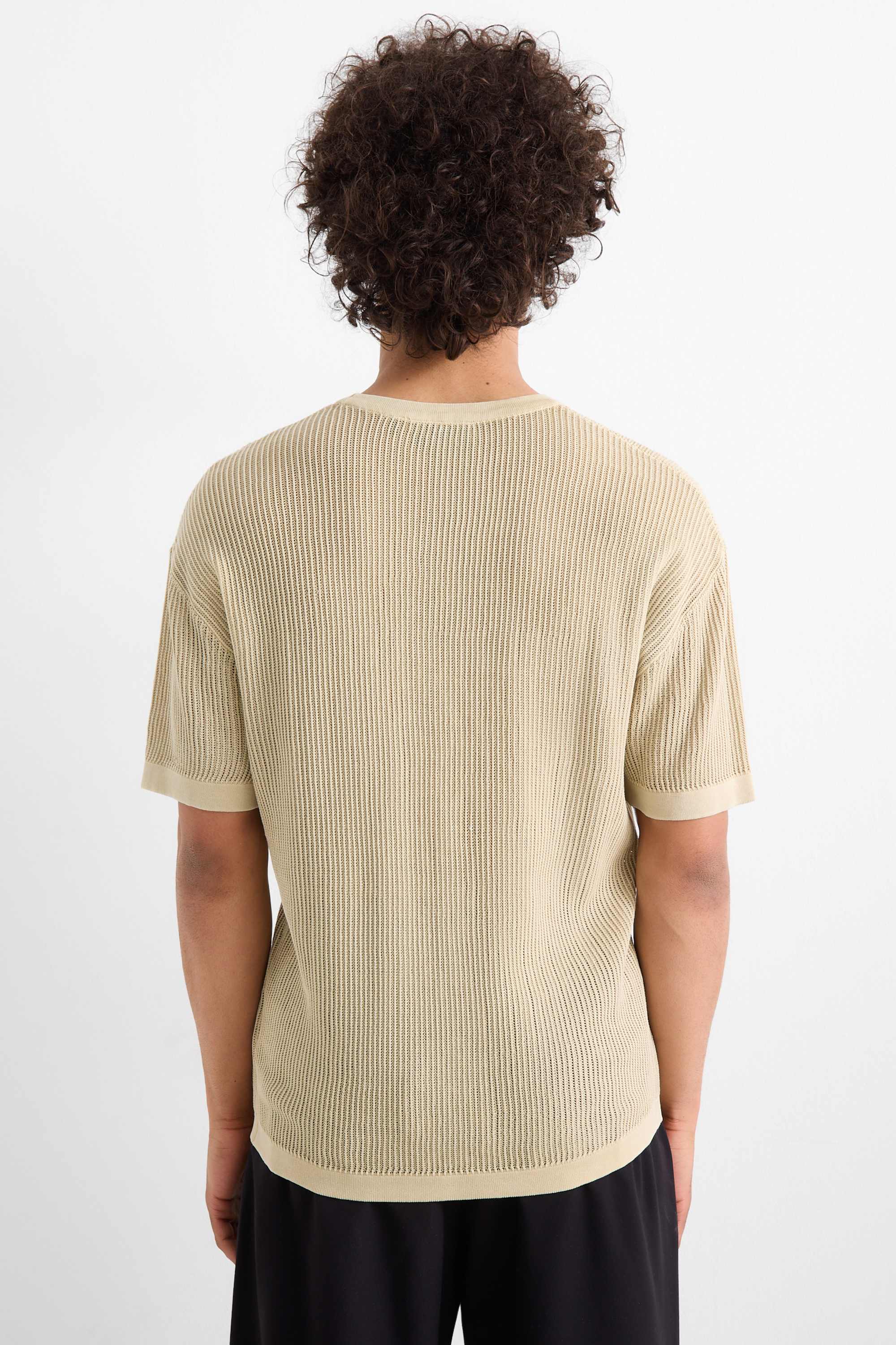 Knitted jumper - short sleeve - ribbed beige