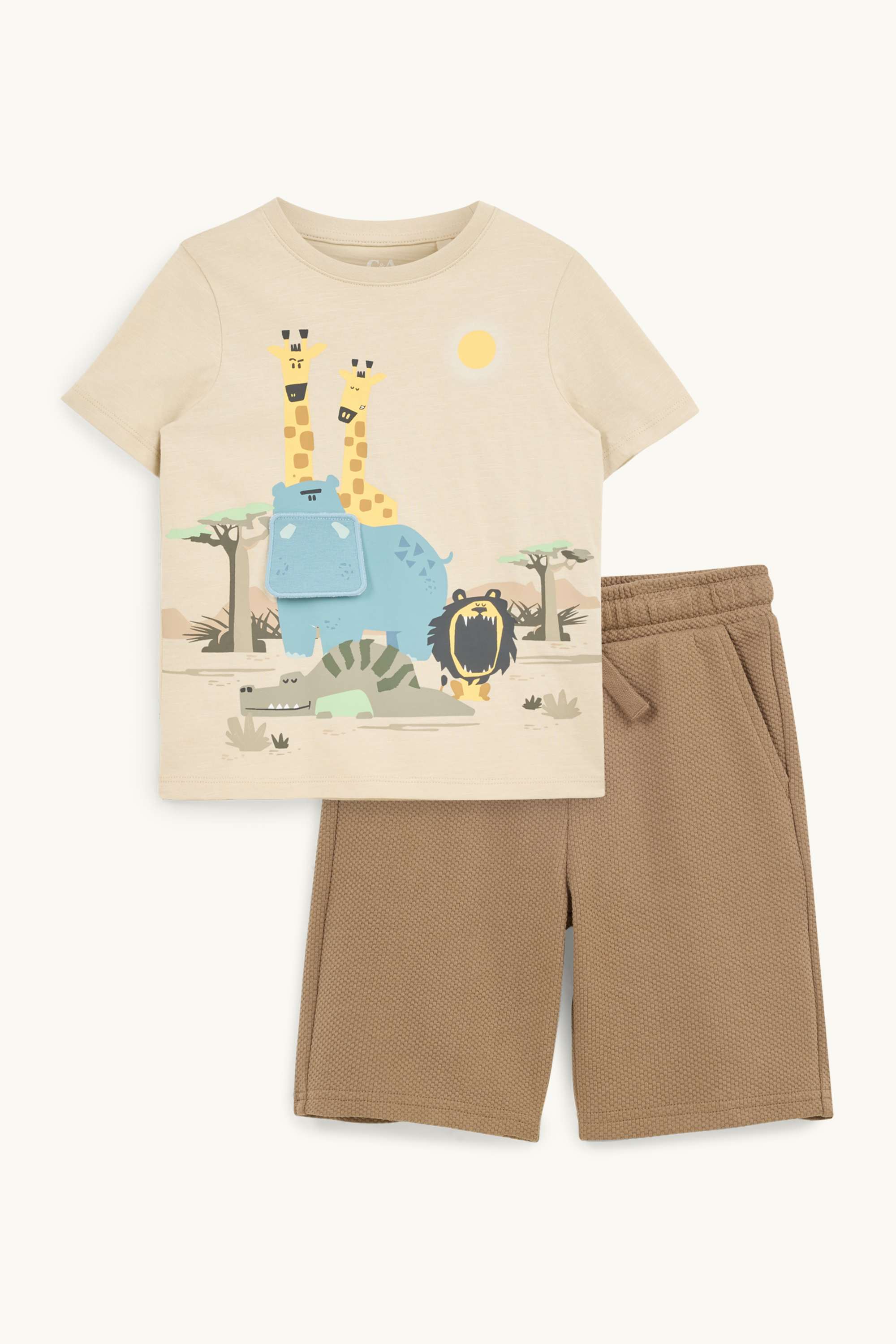 Animals - set - short sleeve T-shirt and sweat shorts brown / beige