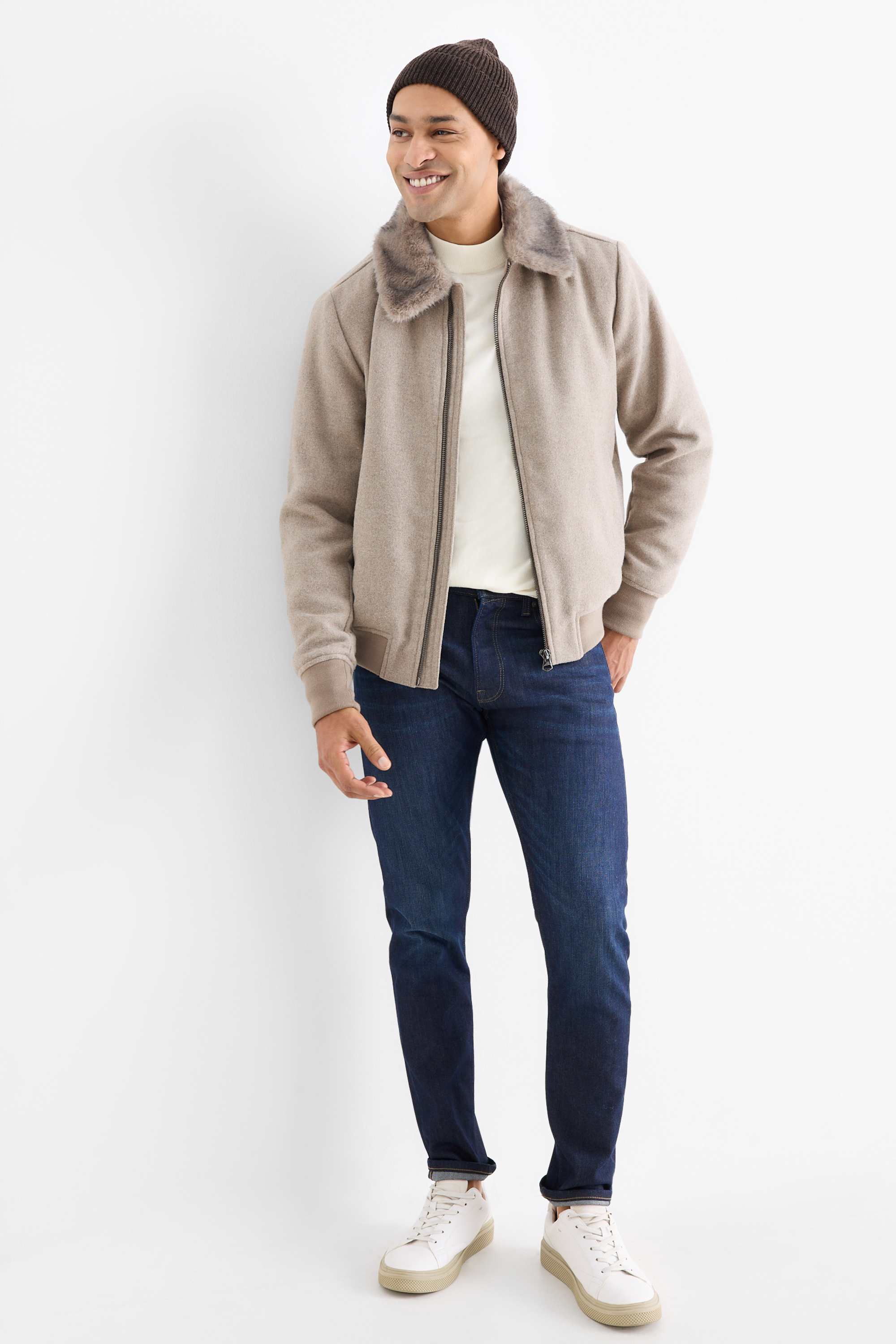 Jacket with faux fur trim beige