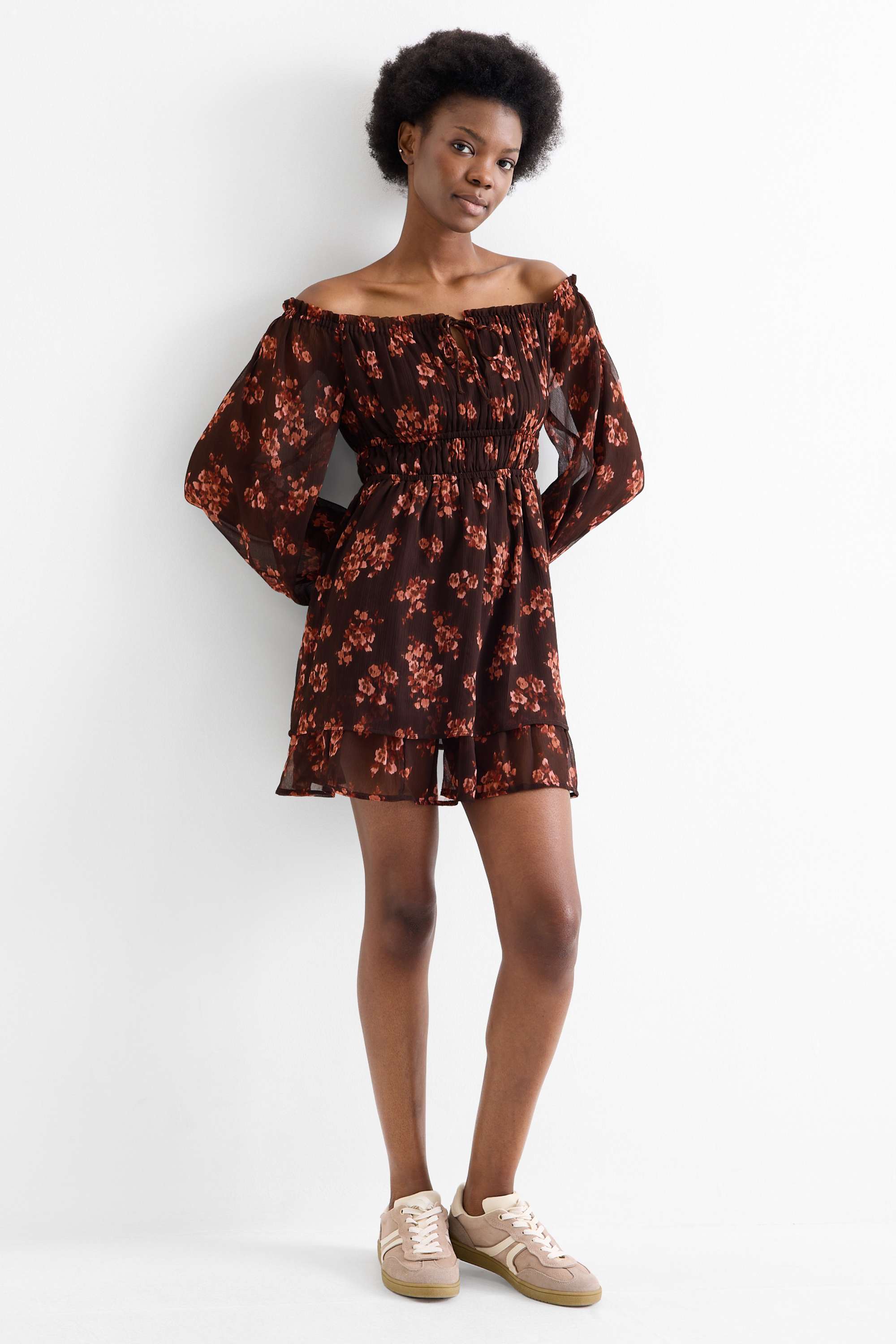 Empire dress - floral - textured dark brown