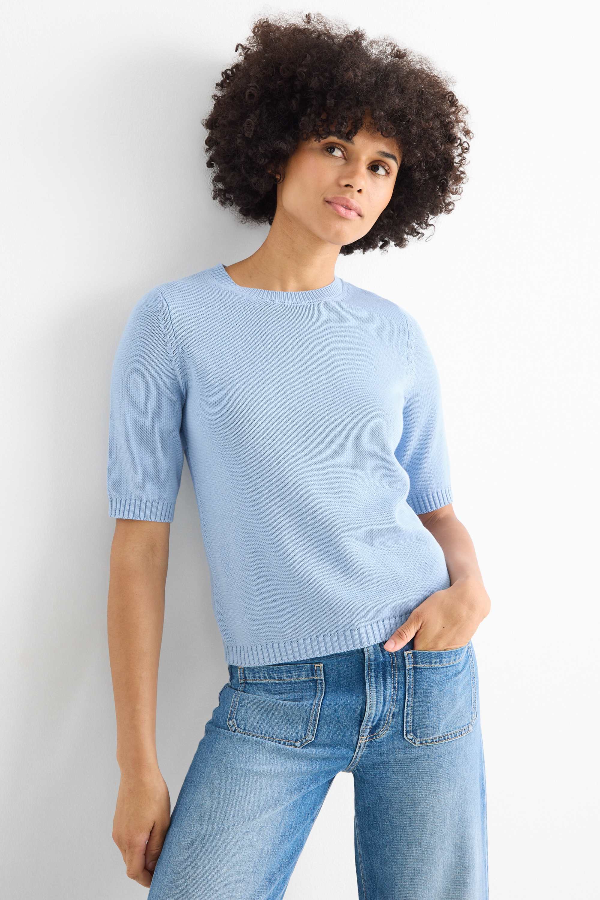 Knitted jumper - short sleeve light blue