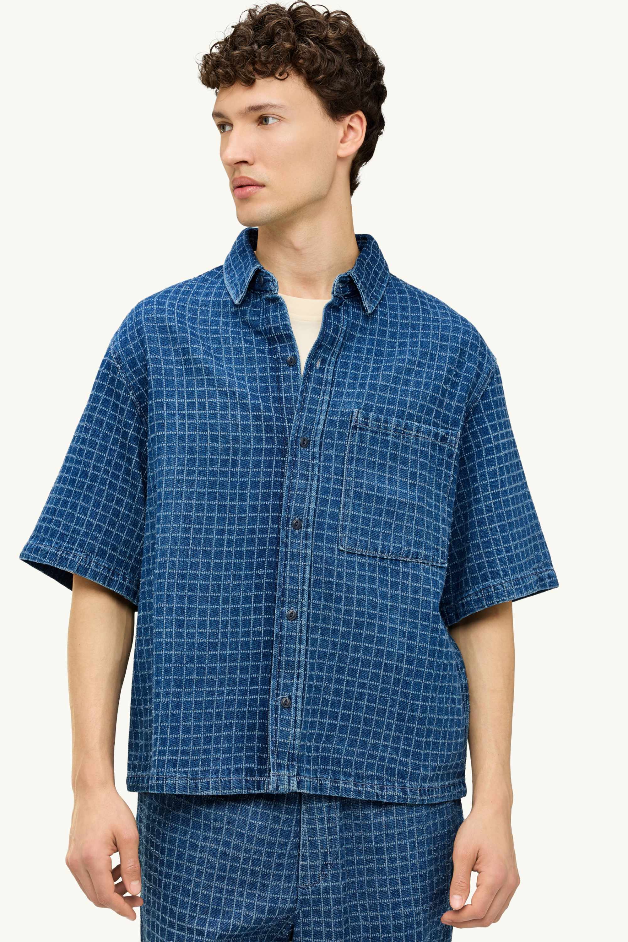 Denim shirt - relaxed fit - kent collar - check blue denim