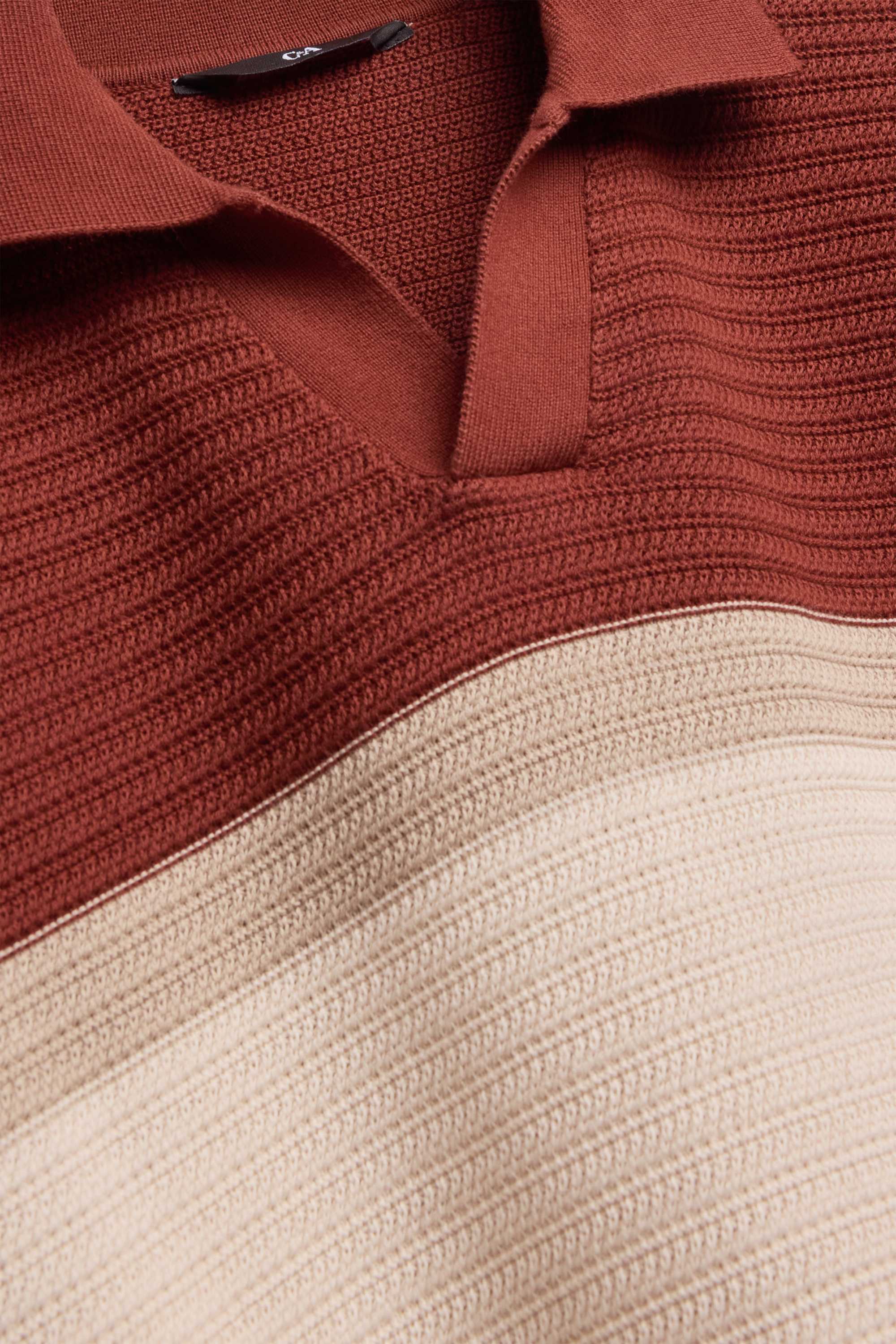 Knitted polo shirt - regular fit - striped - textured dark red