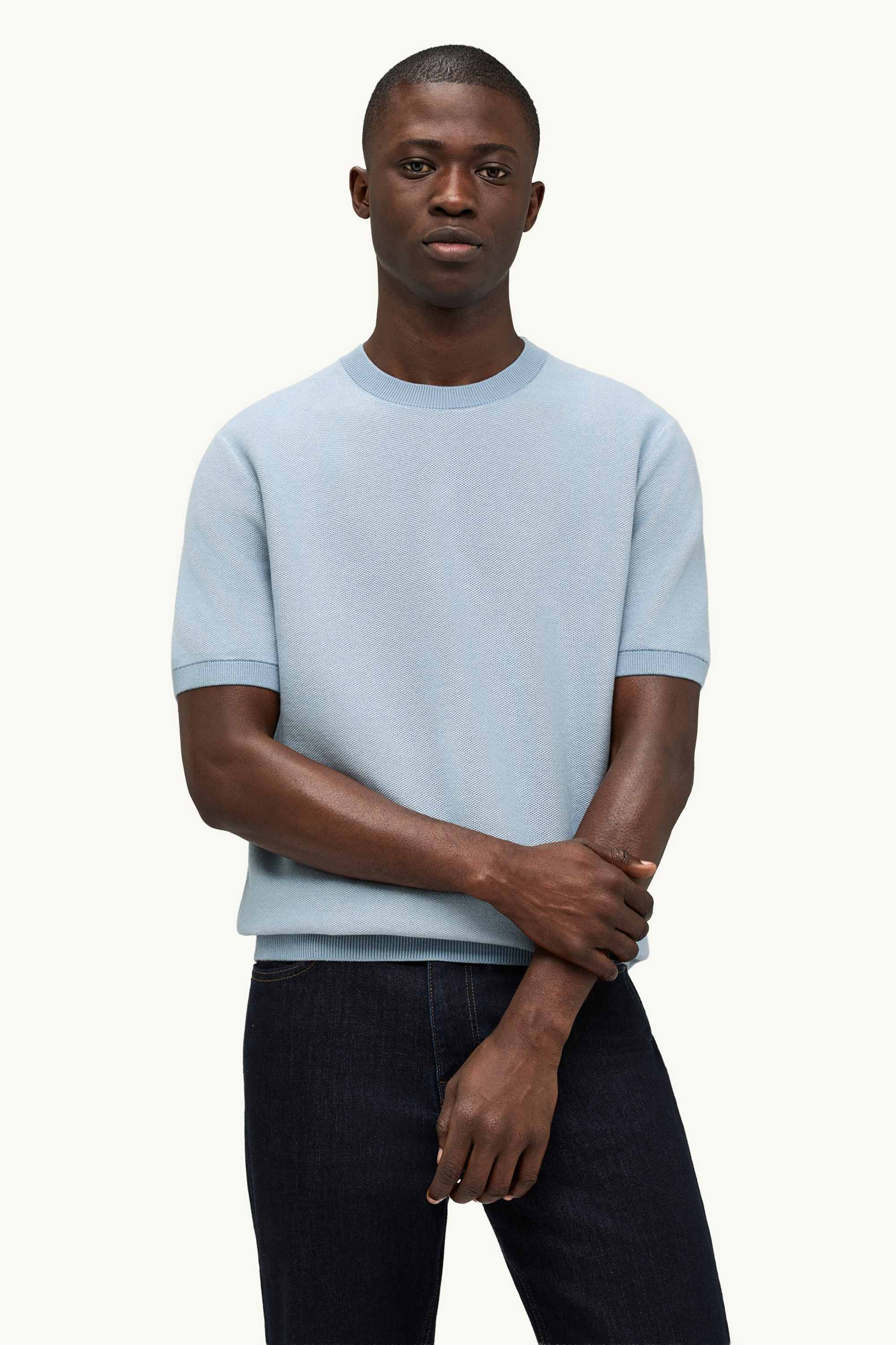 Knitted jumper - short sleeve - textured blue