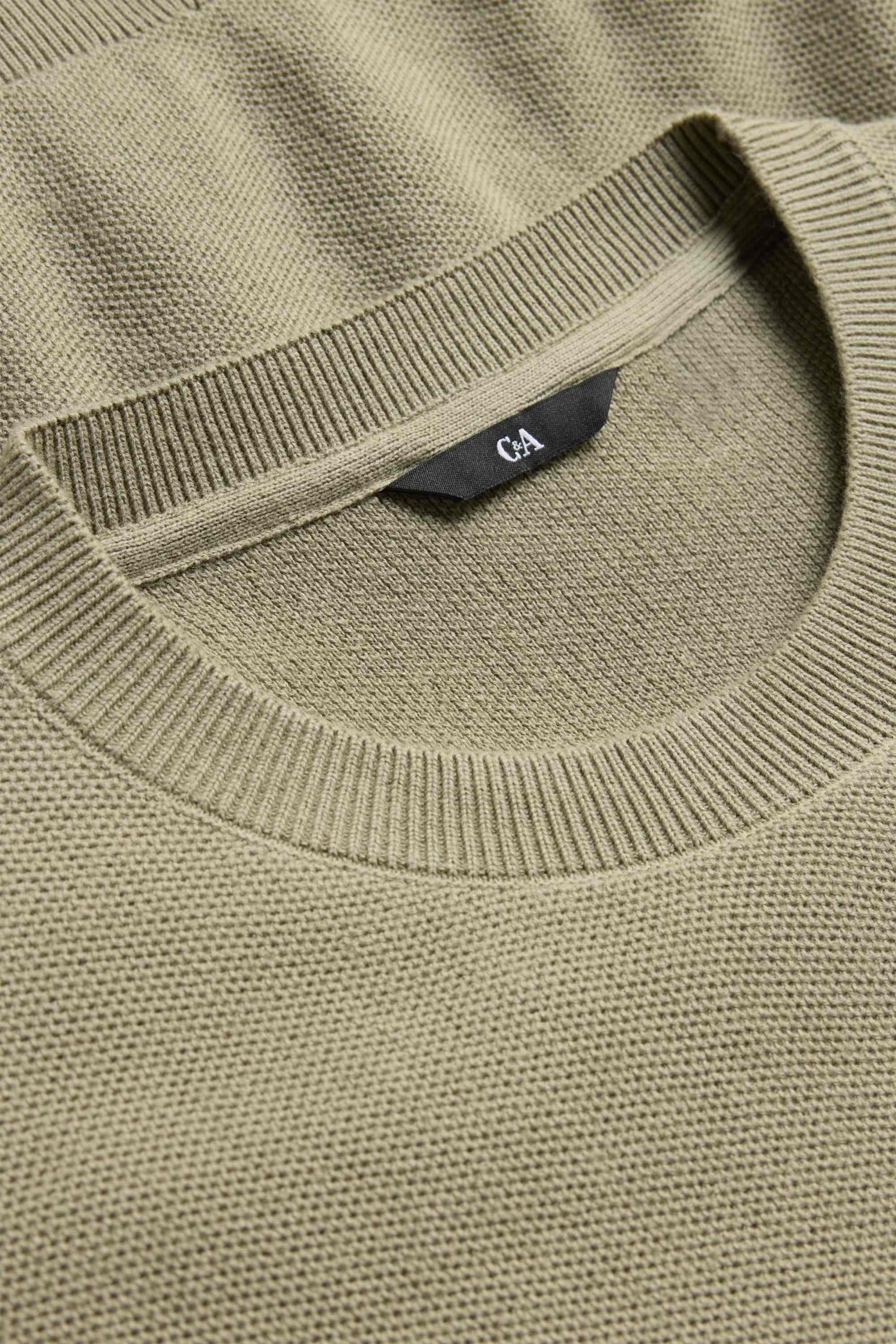 Knitted jumper - short sleeve - textured khaki
