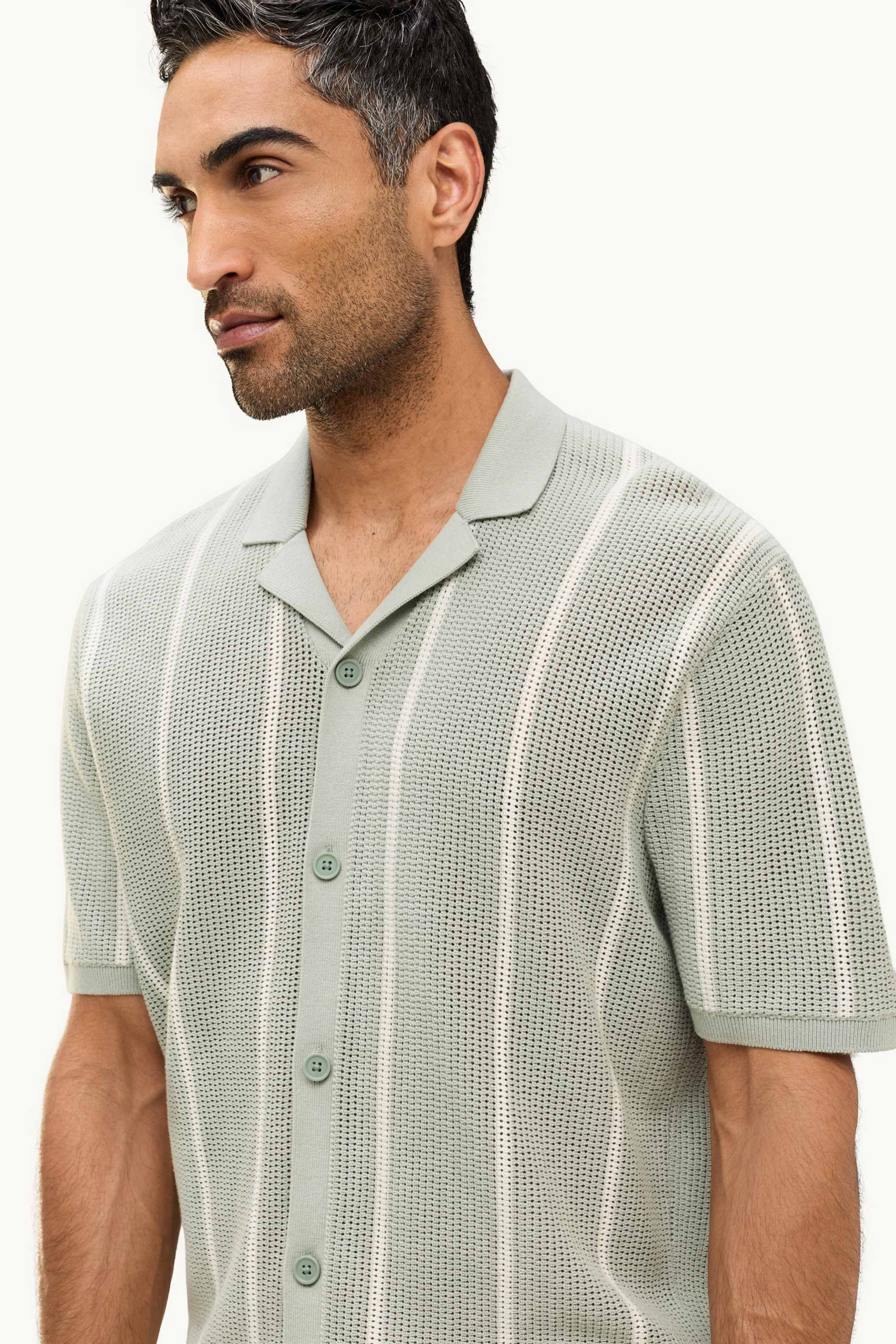 Knitted shirt - regular fit - lapel collar - striped light green