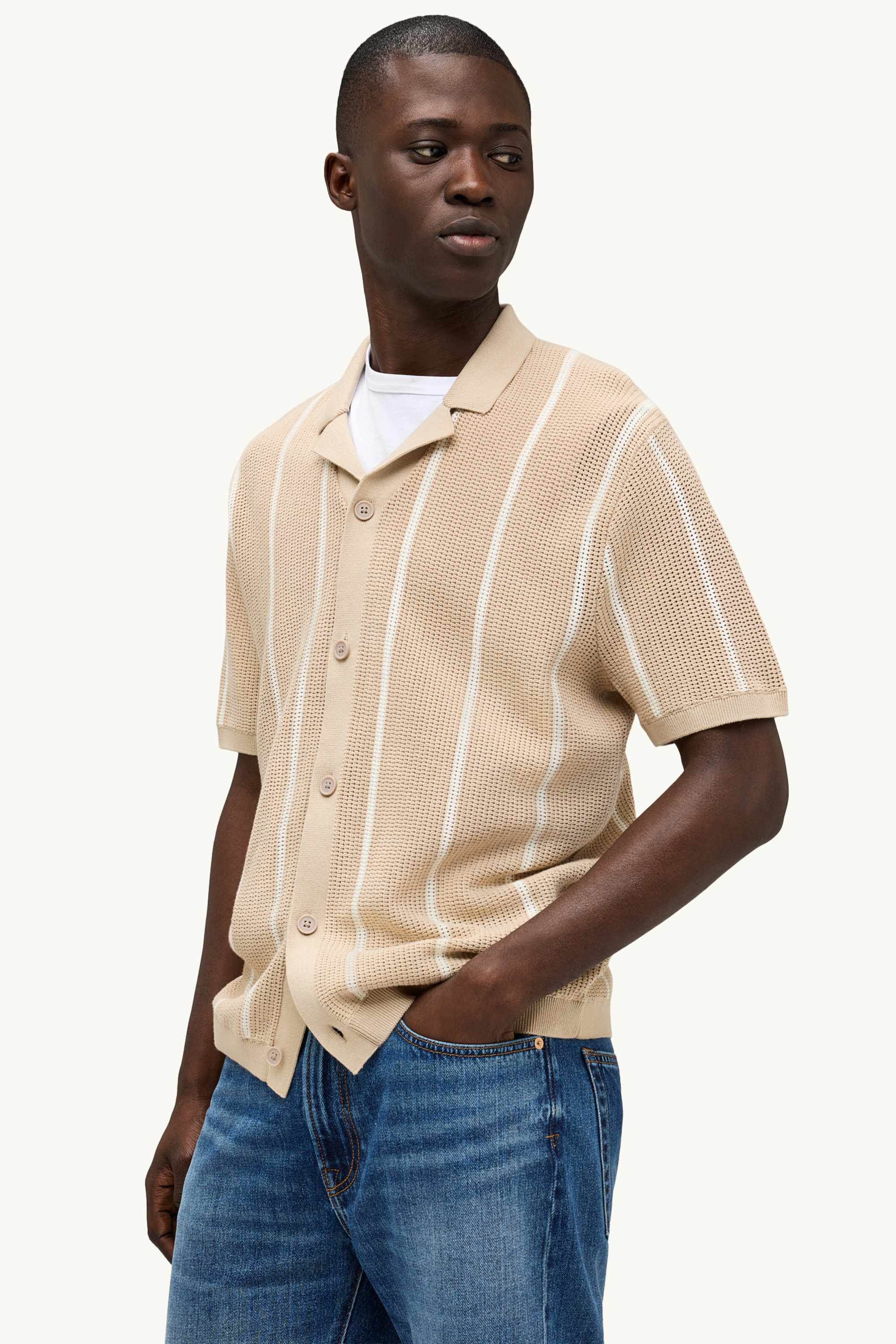 Knitted shirt - regular fit - lapel collar - striped beige