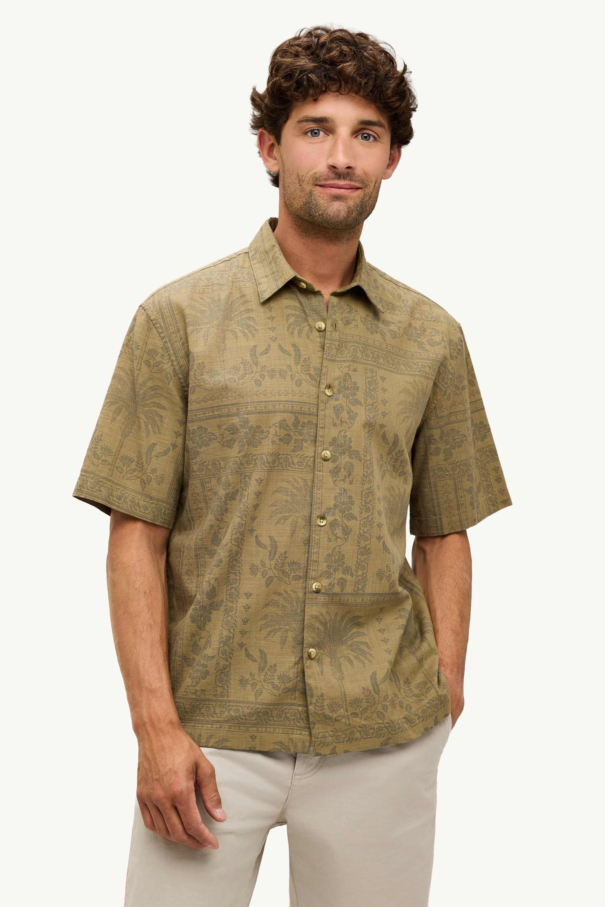 Shirt - relaxed fit - lapel collar - patterned khaki