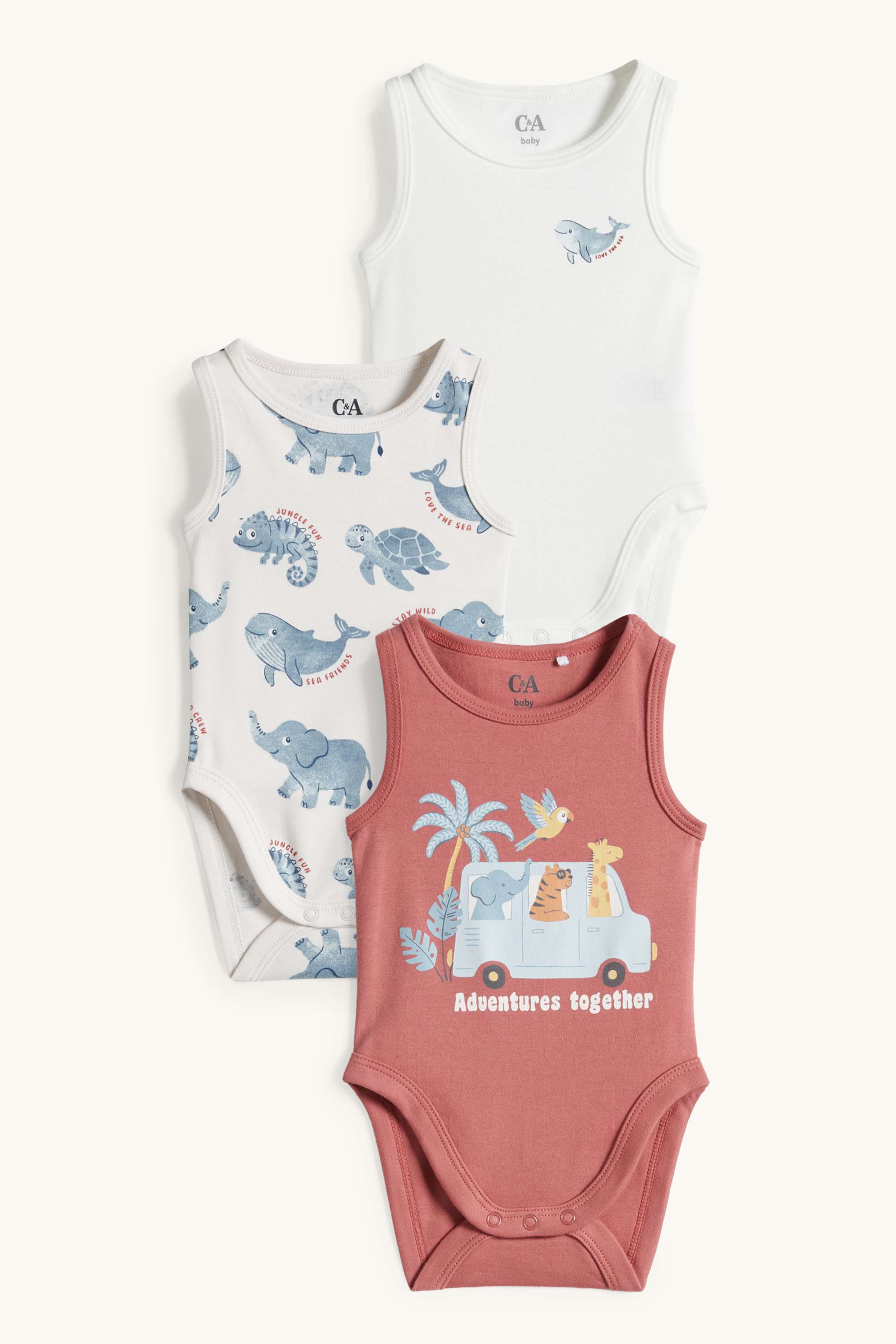 Multipack of 3 - jungle and sea animals - baby bodysuit white / blue