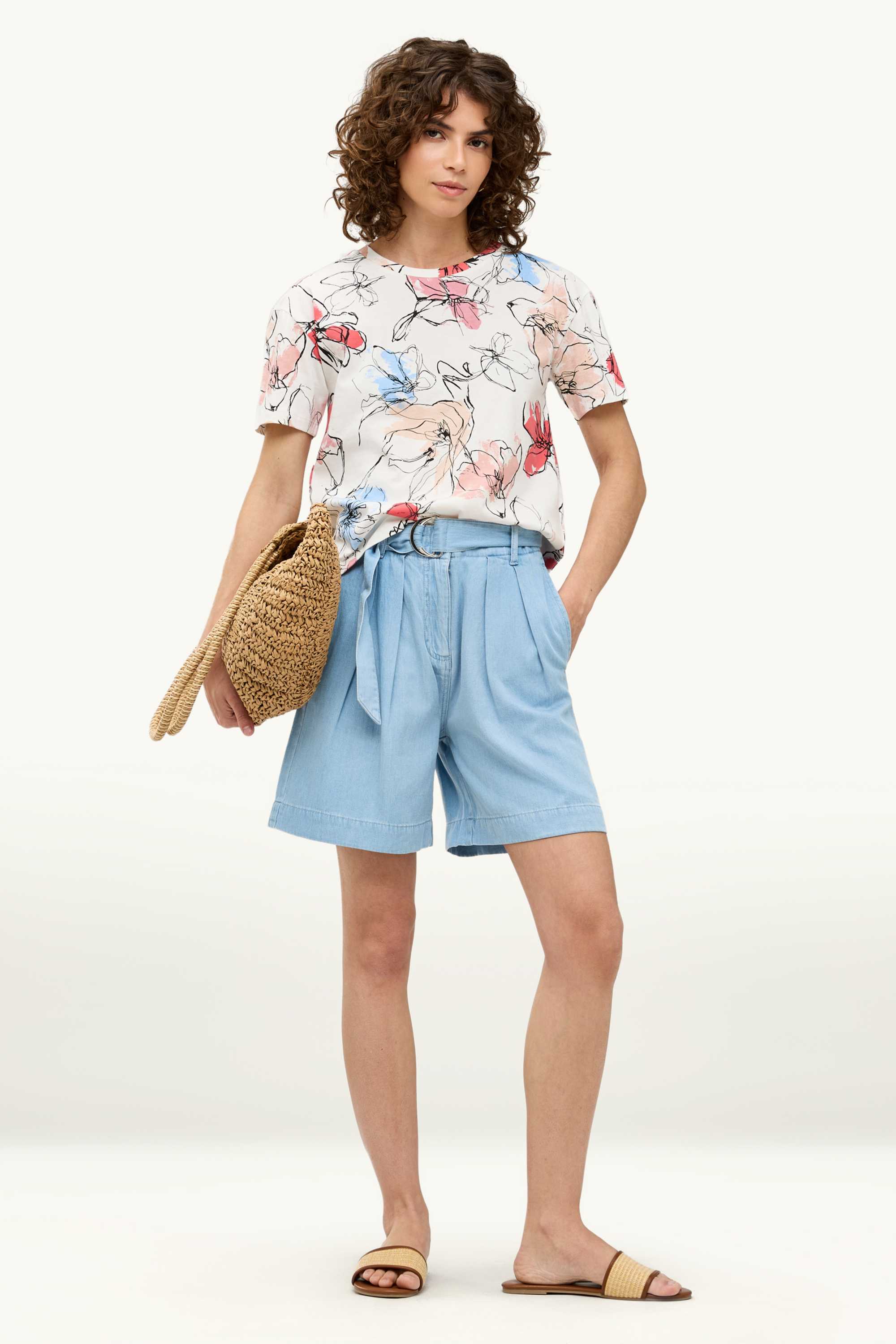 Denim shorts with belt - high waist denim-light blue