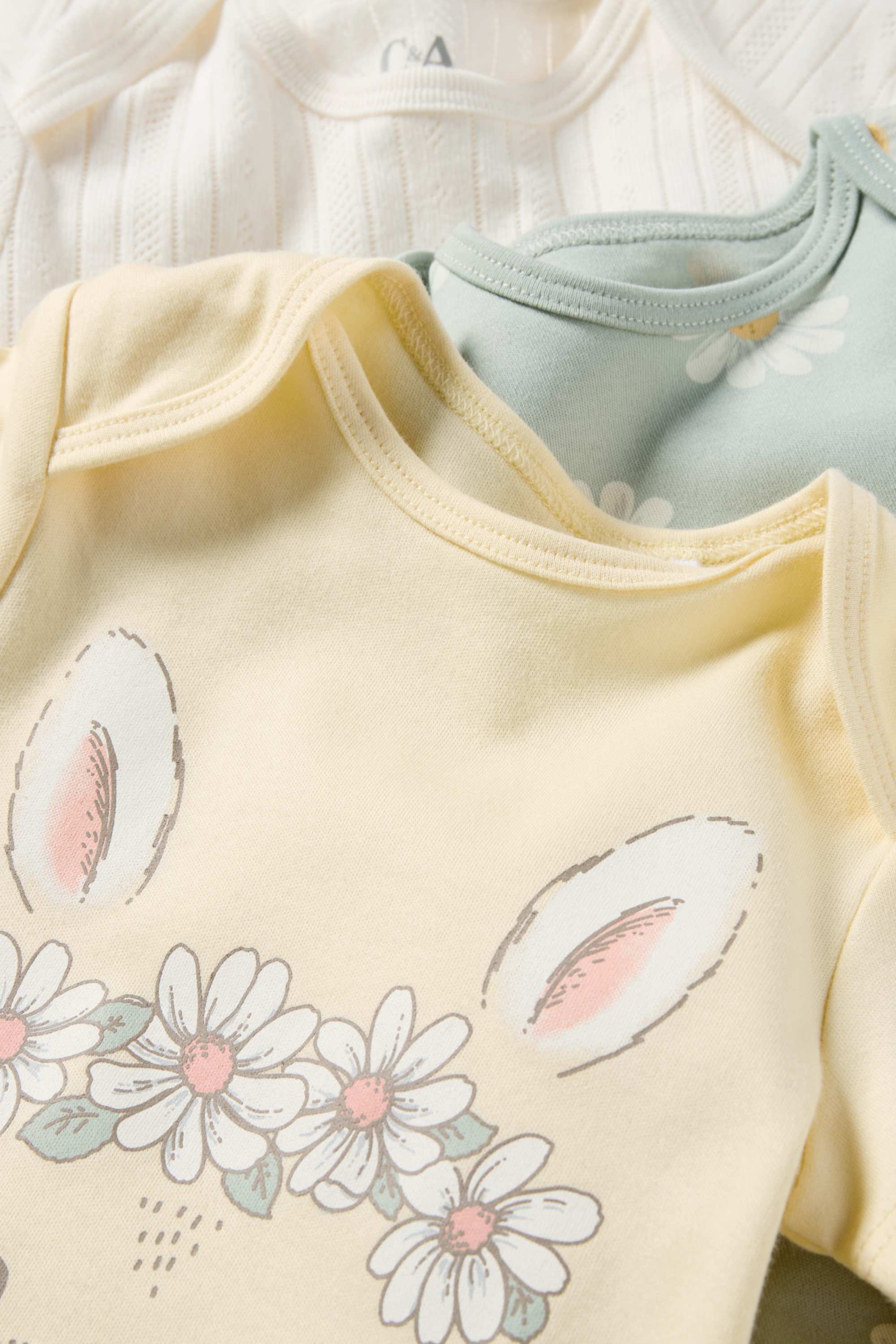 Multipack of 3 - bunny rabbit and flowers - baby bodysuit light yellow