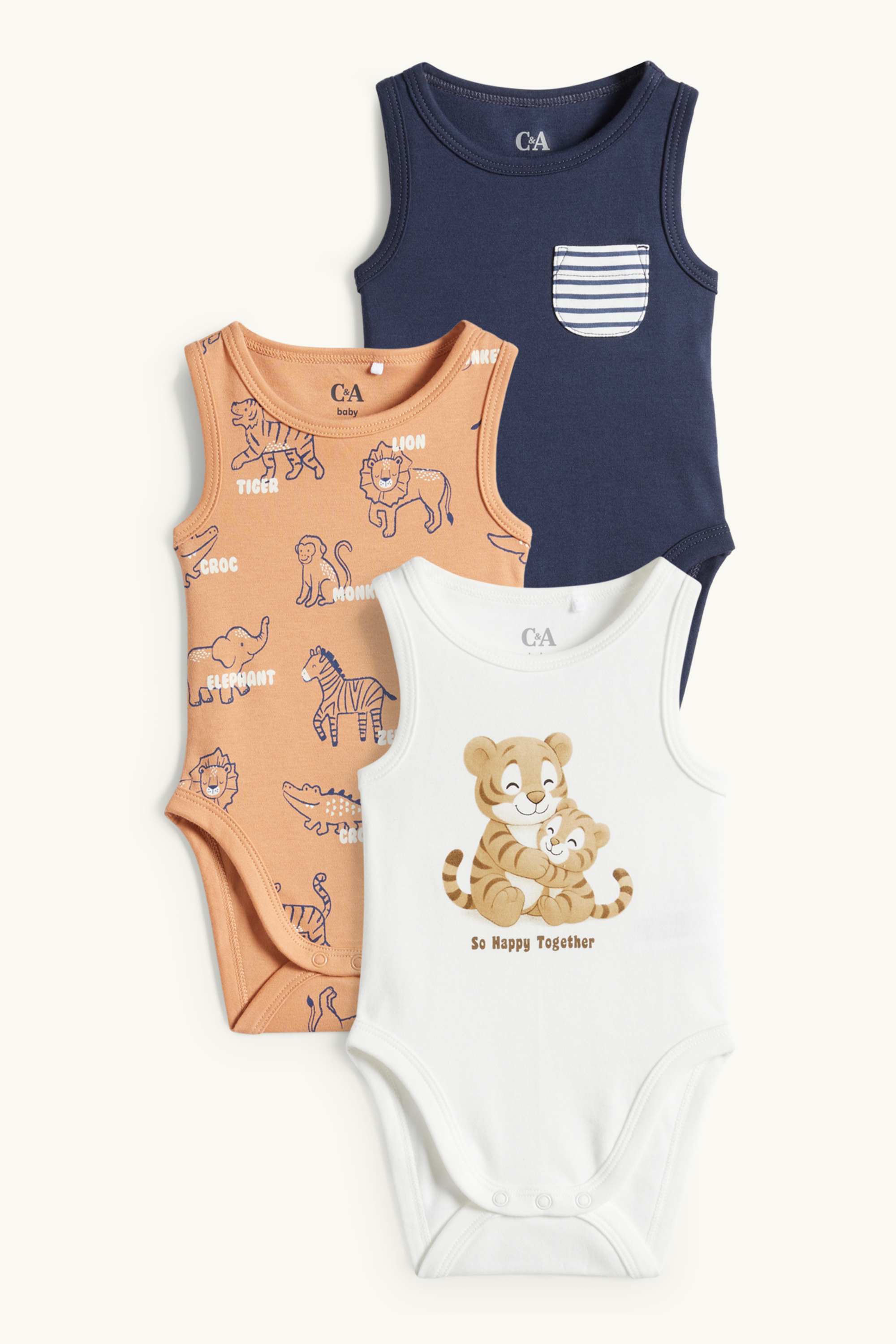 Multipack of 3 - wild animals - baby bodysuit multicoloured
