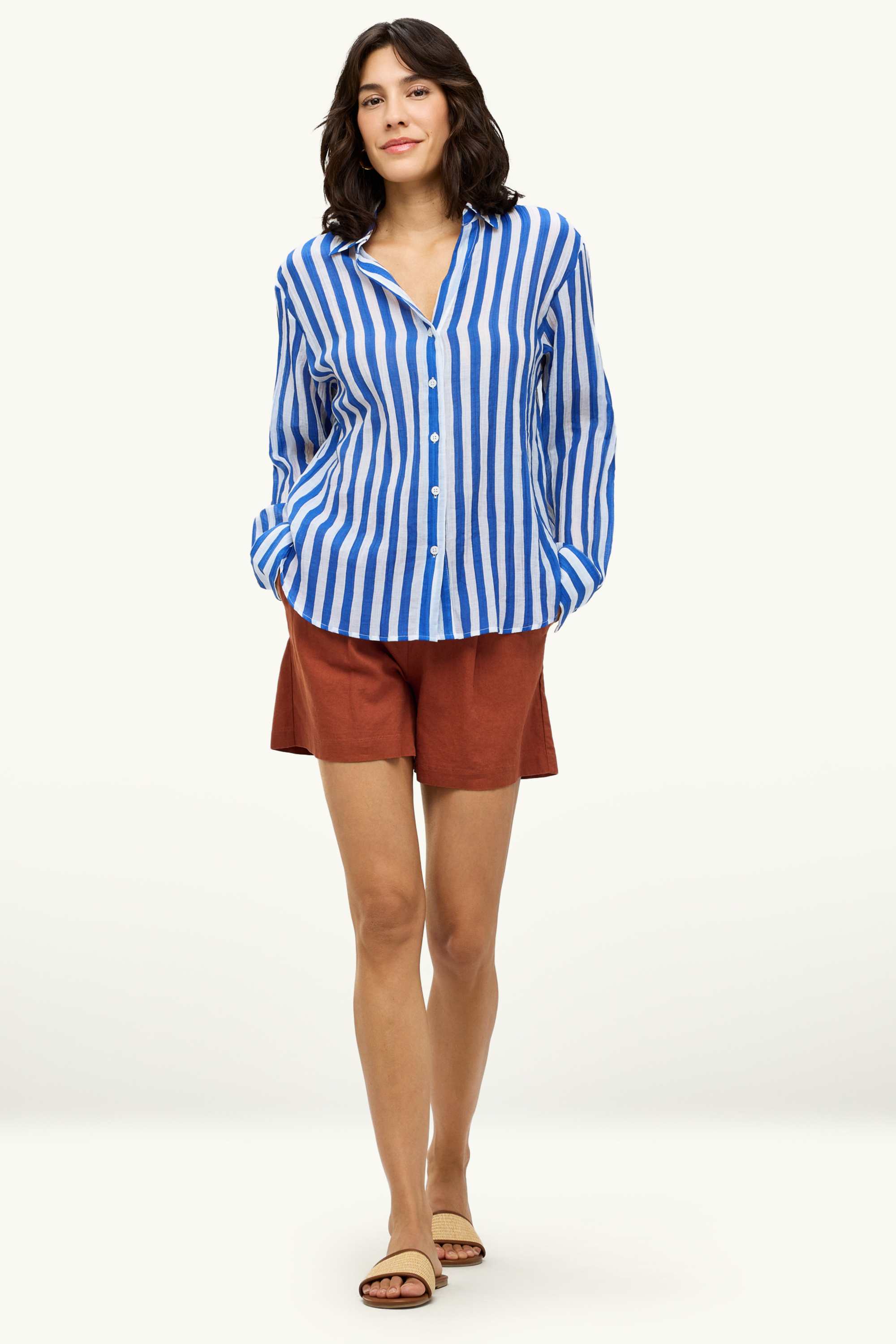 V-neck blouse - striped - textured blue / white
