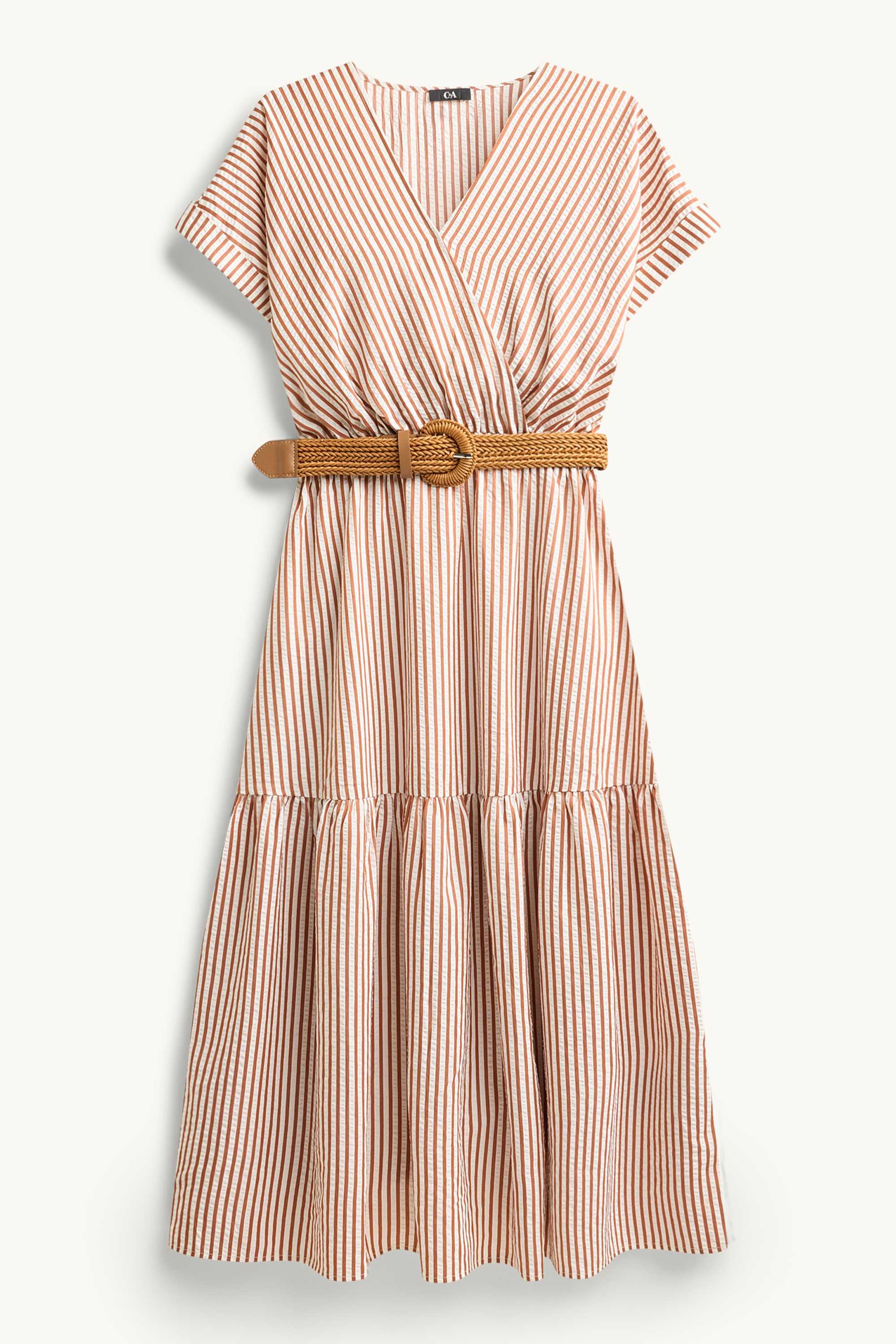 Dress with belt and V-neck - striped light brown