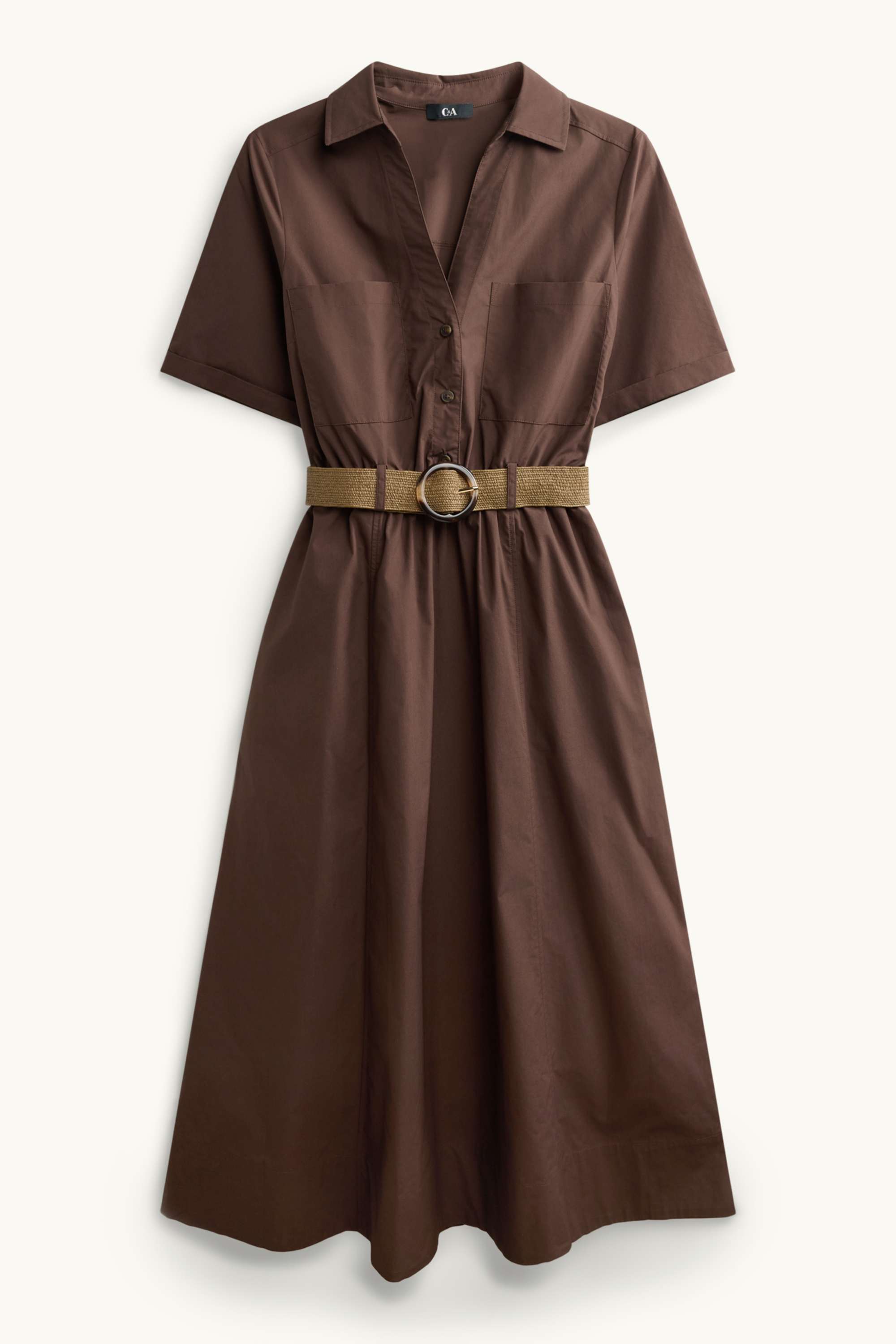 V-neck dress with belt dark brown
