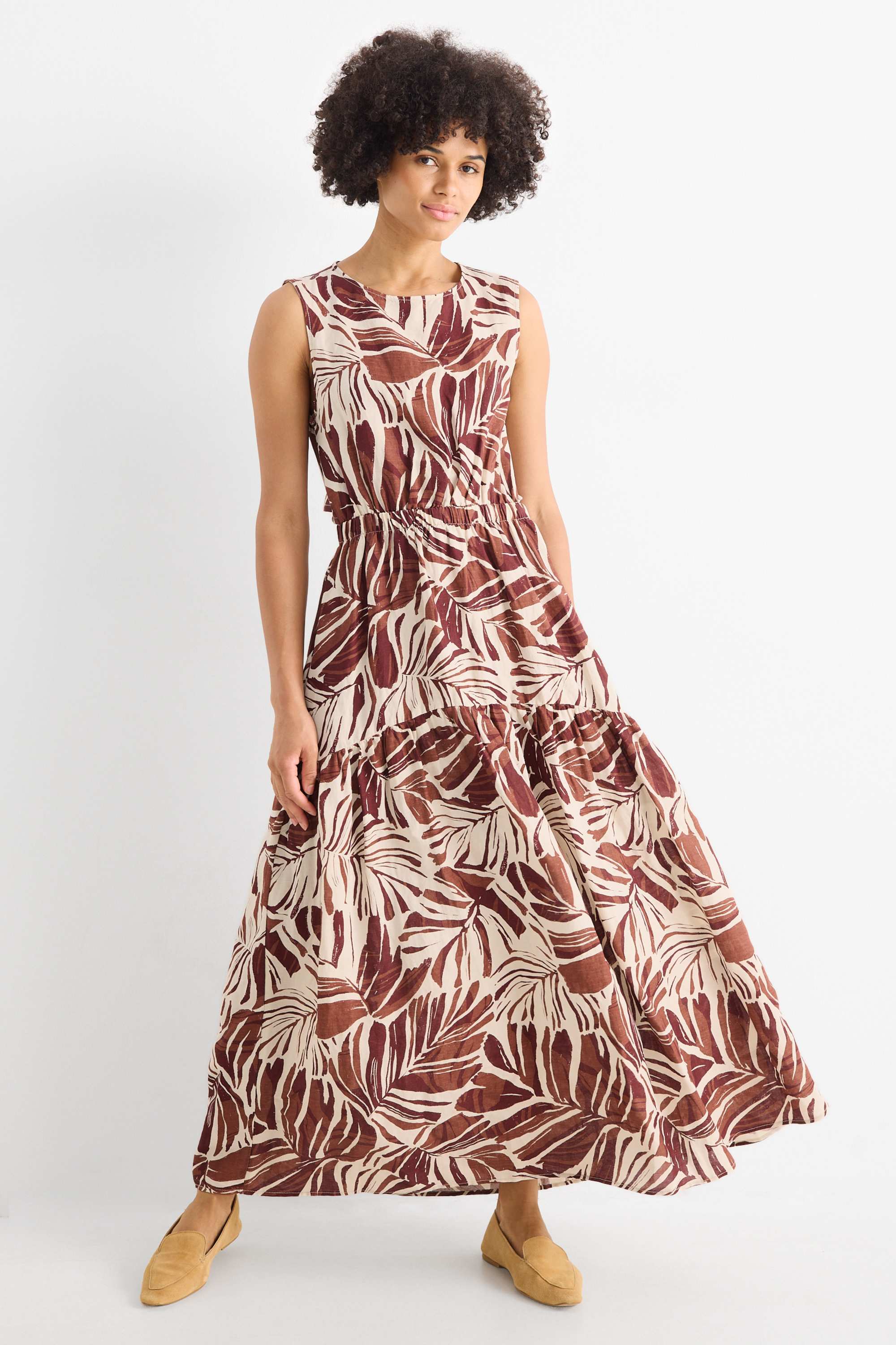 Fit & flare dress - linen blend - patterned brown / cremewhite