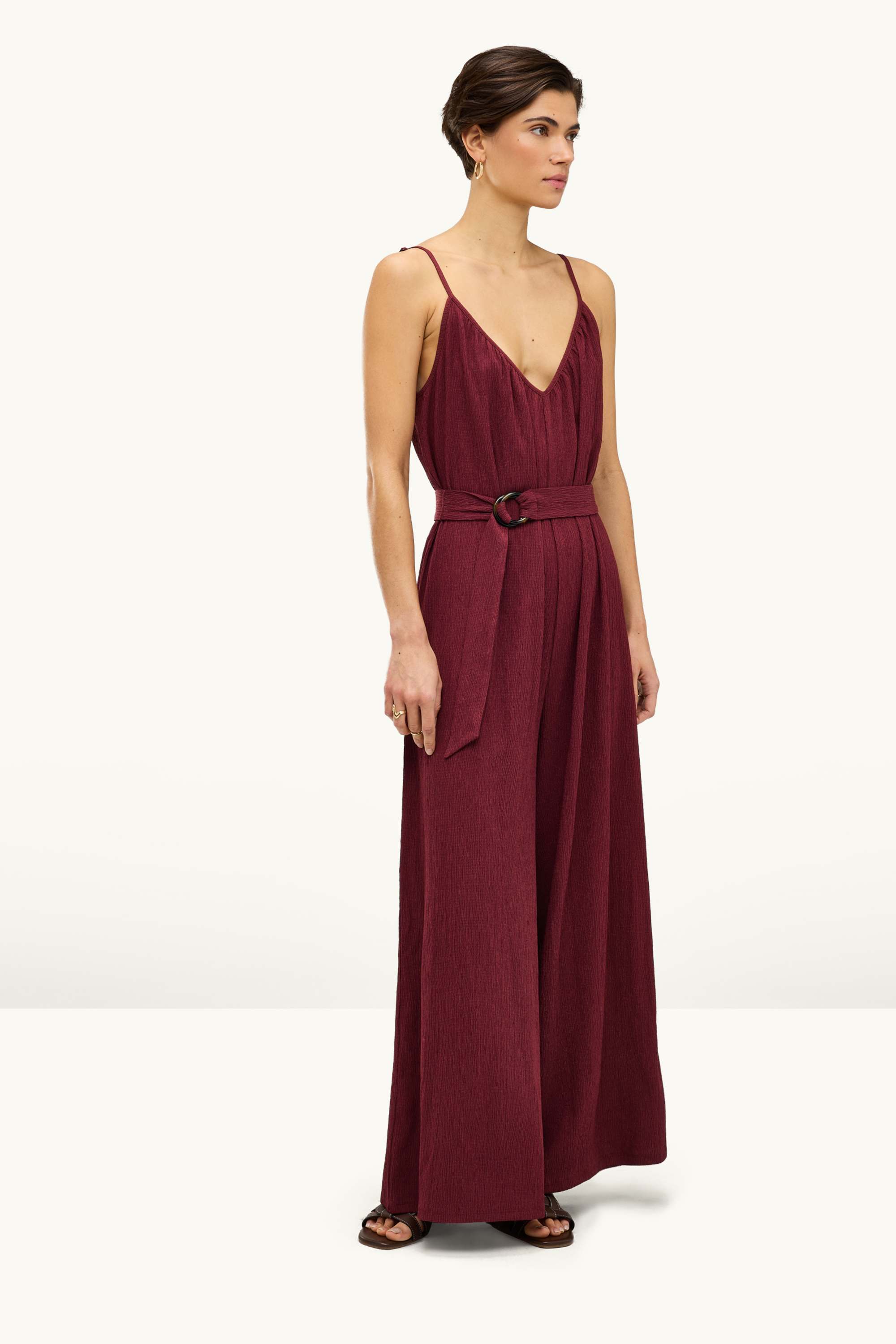 Jumpsuit with belt - textured dark red