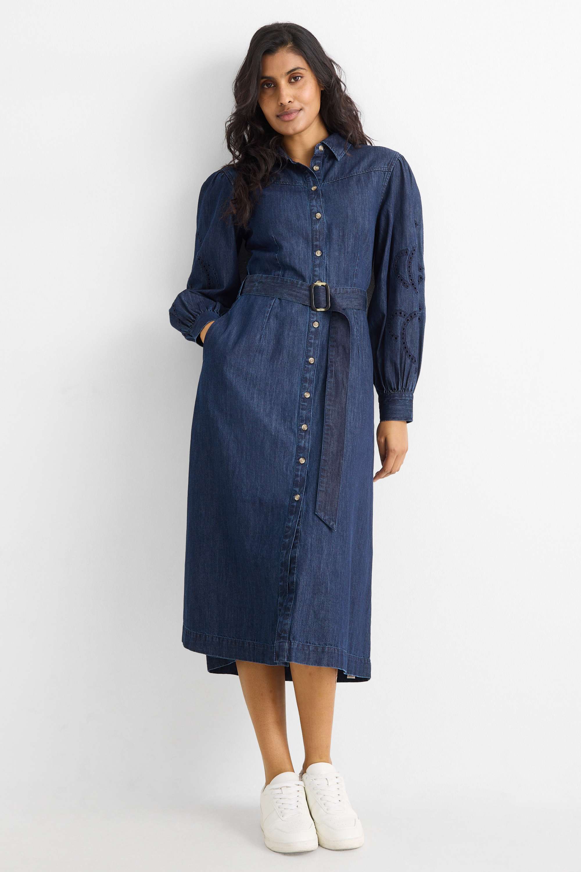 Denim shirt dress with belt dark blue