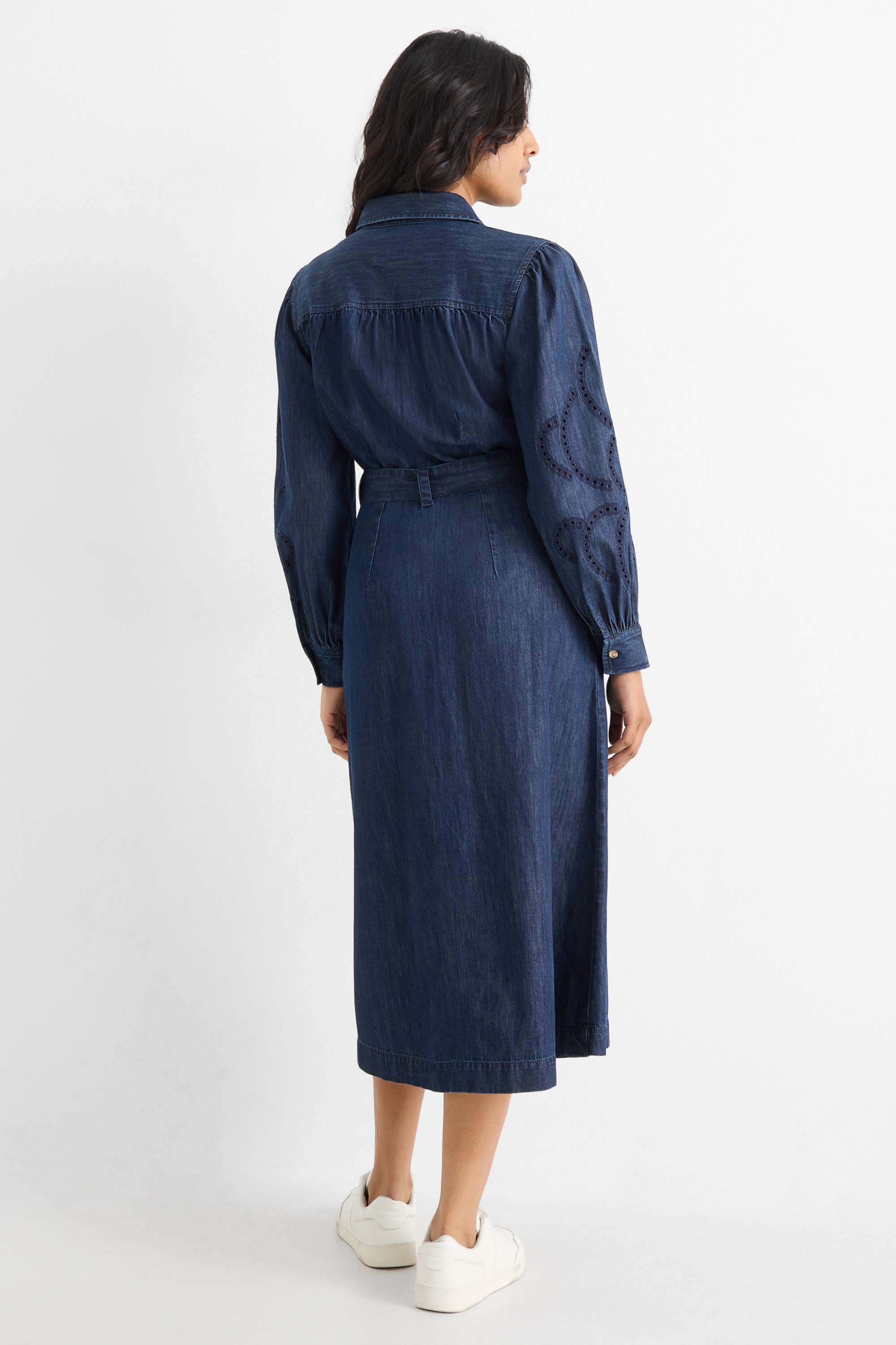 Denim shirt dress with belt dark blue