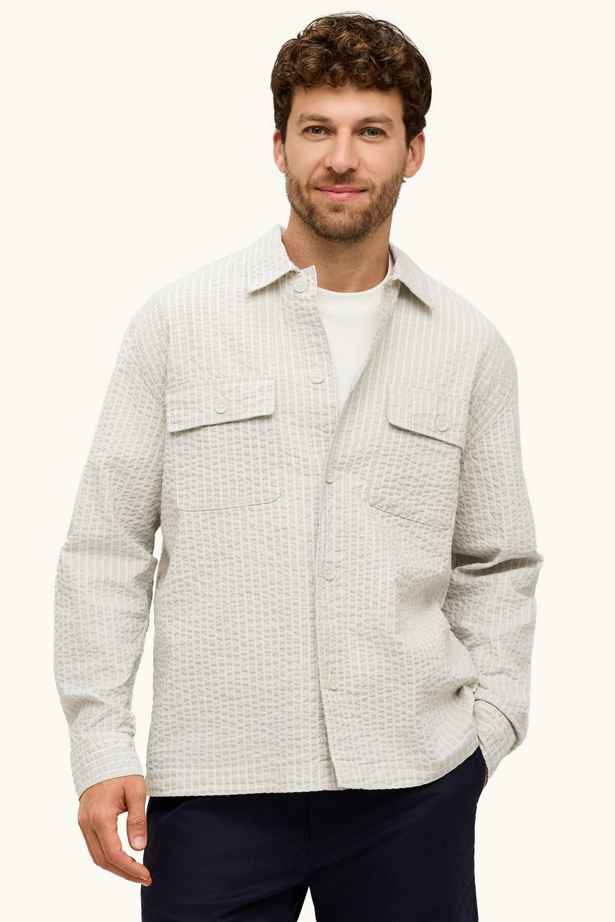 Shirt - relaxed fit - kent collar - textured cremewhite