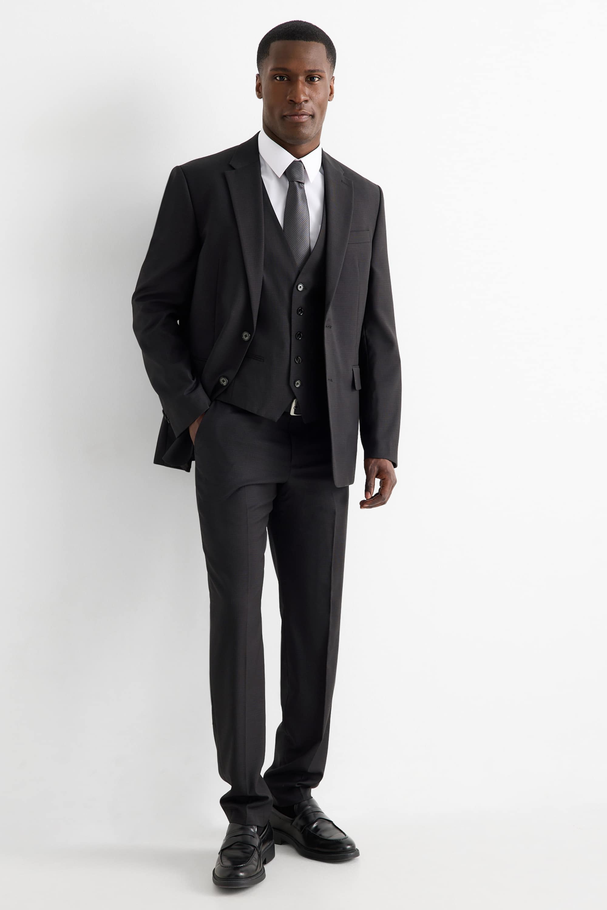 Suit with tie - regular fit - stretch - 4 piece black