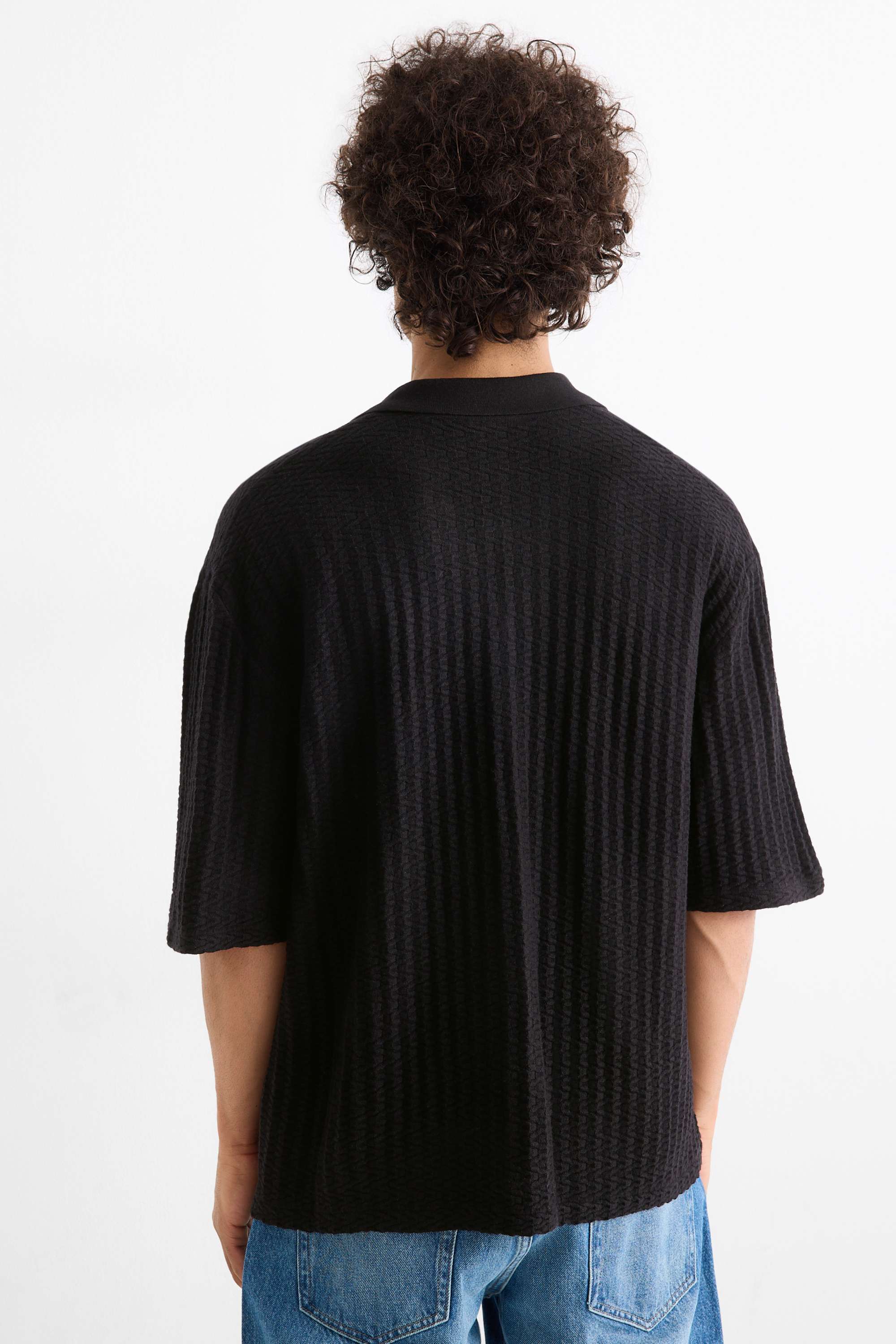 Knitted shirt - regular fit - lapel collar - textured black