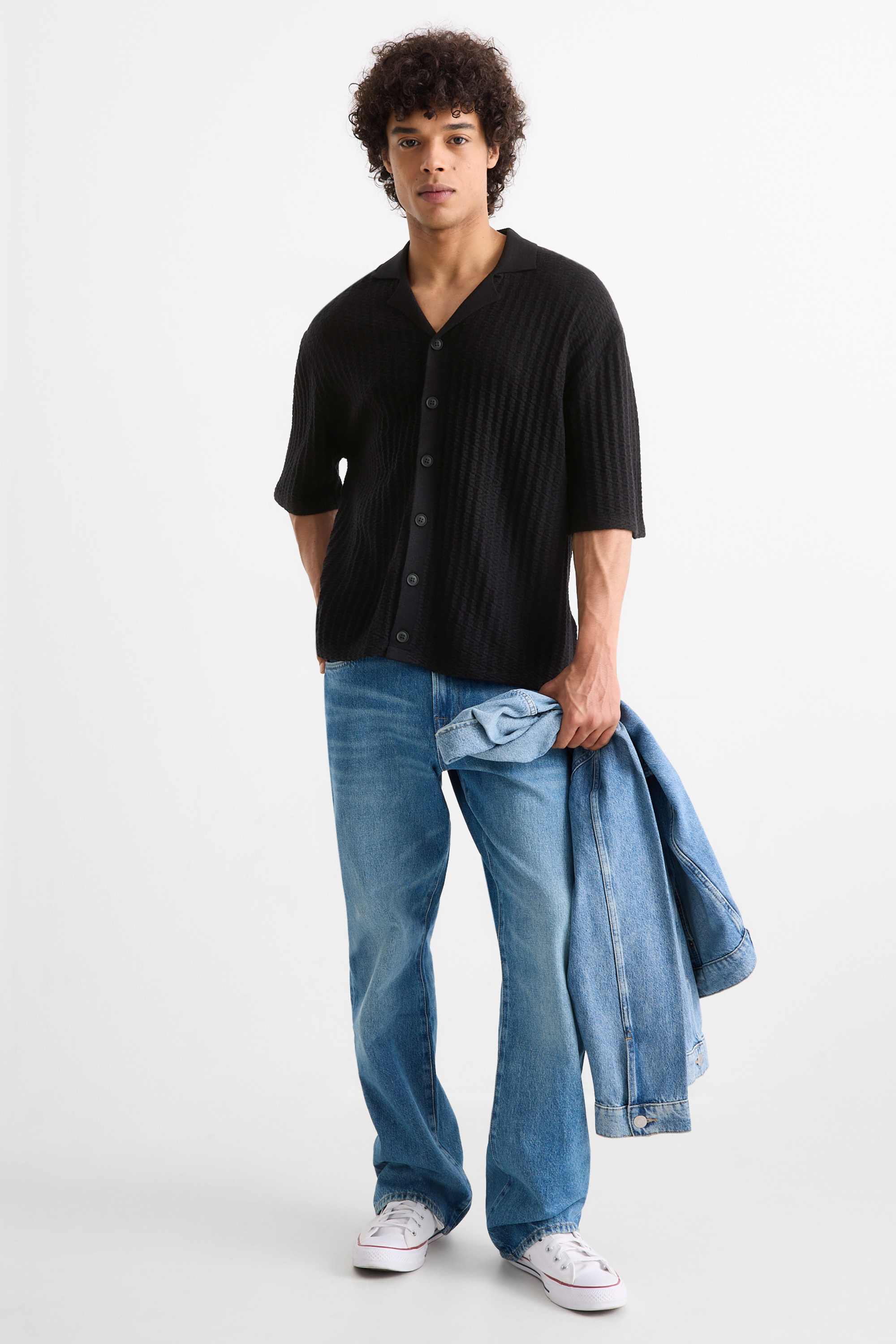 Knitted shirt - regular fit - lapel collar - textured black