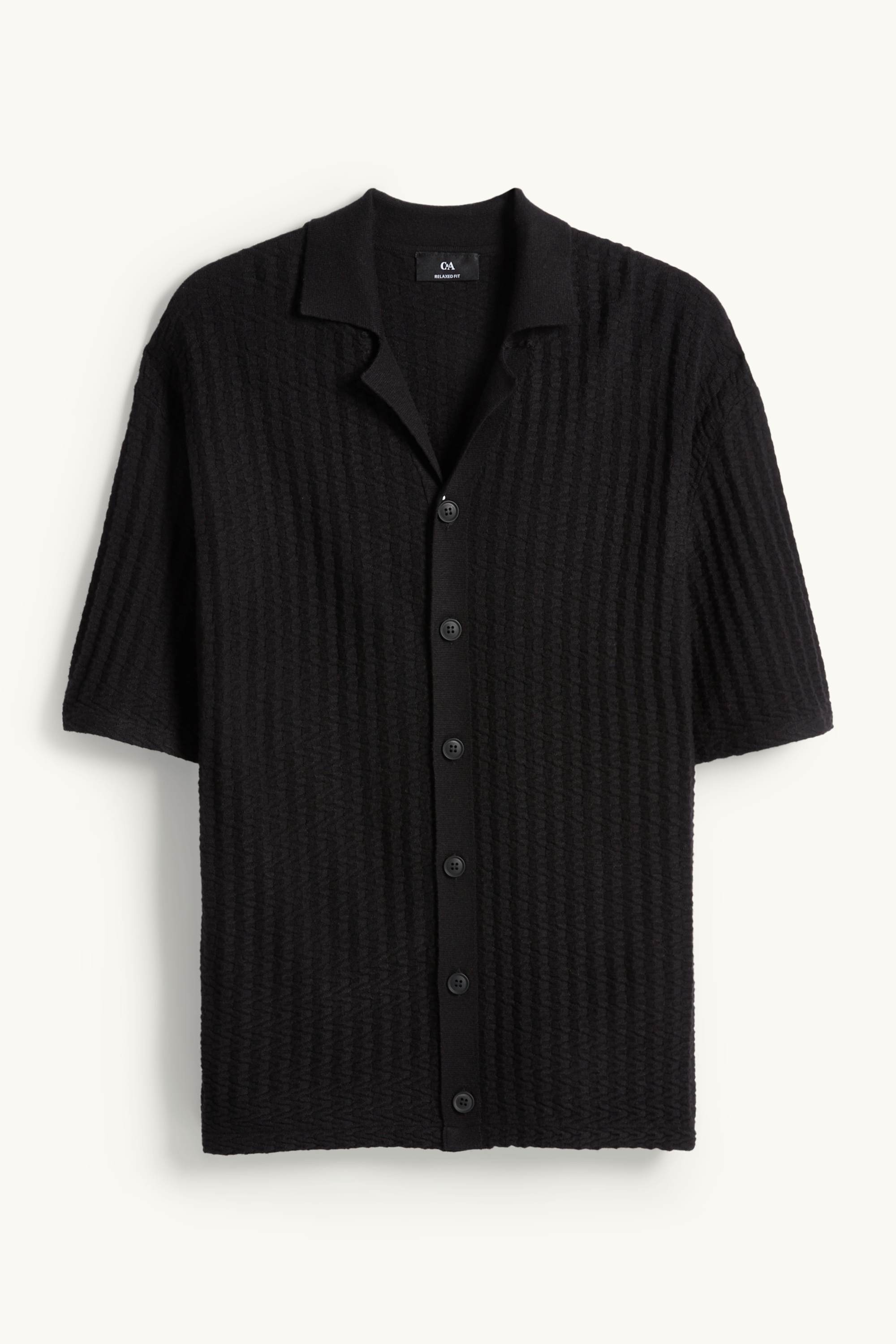 Knitted shirt - regular fit - lapel collar - textured black