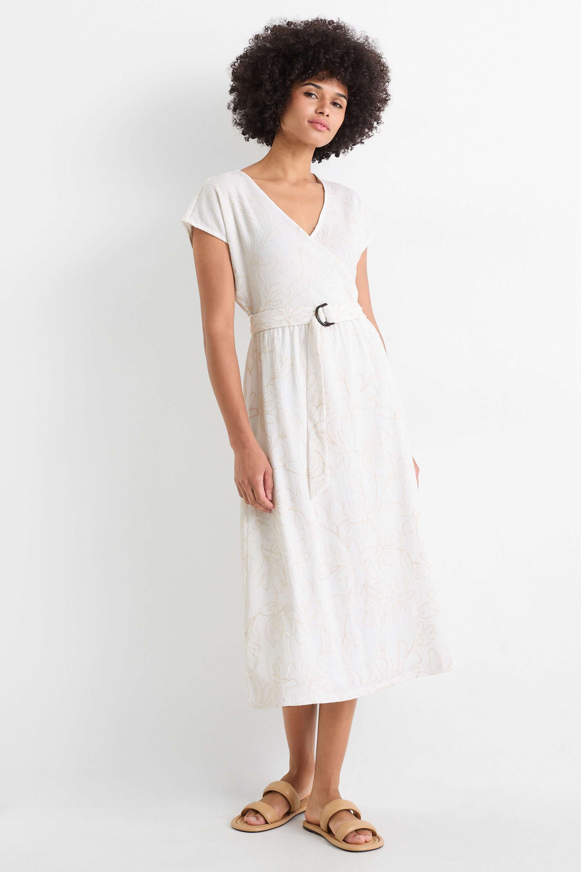Fit & flare dress with belt - floral - textured cremewhite
