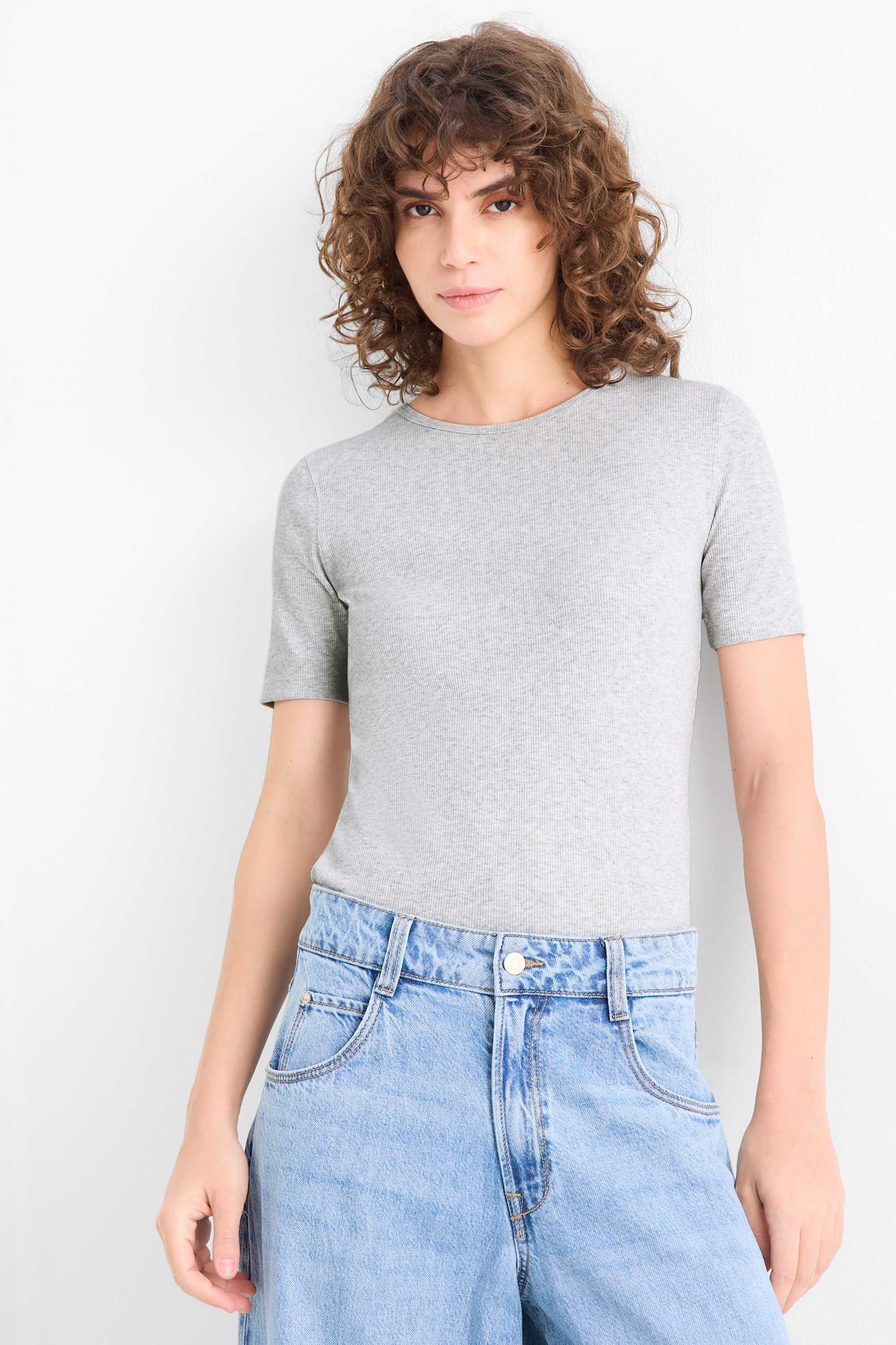 T-shirt - slim fit - ribbed light gray