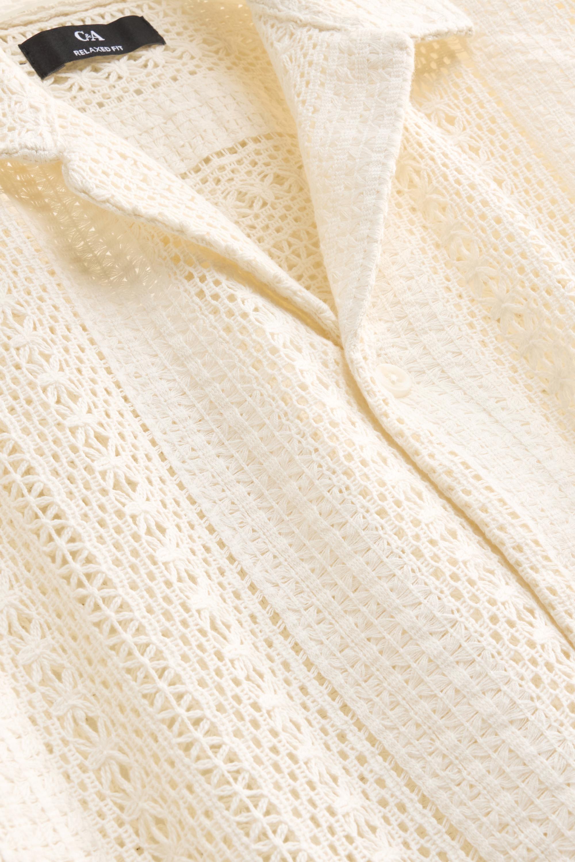 Knitted shirt - relaxed fit - lapel collar - striped creme