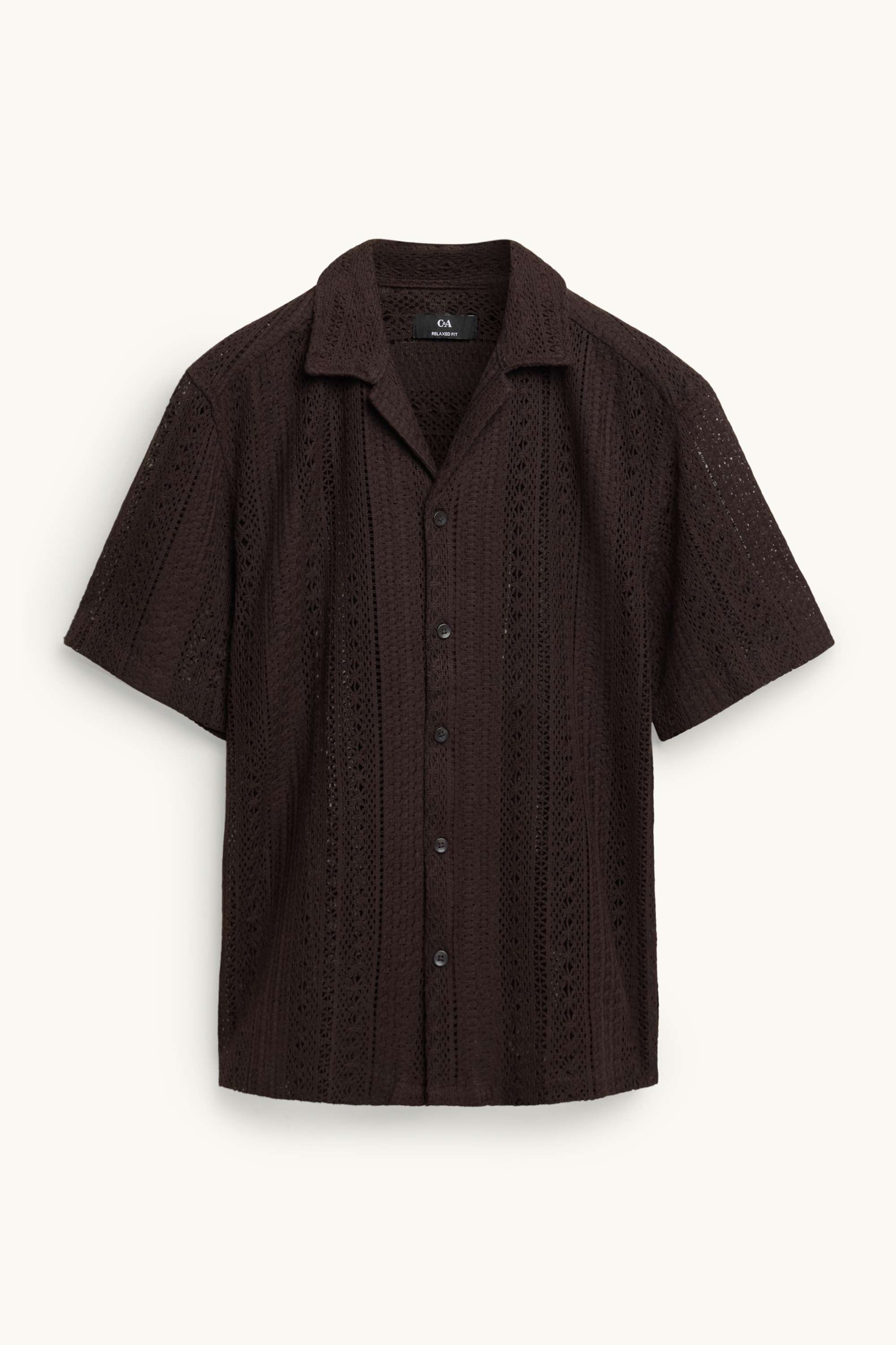 Knitted shirt - relaxed fit - lapel collar - striped dark brown