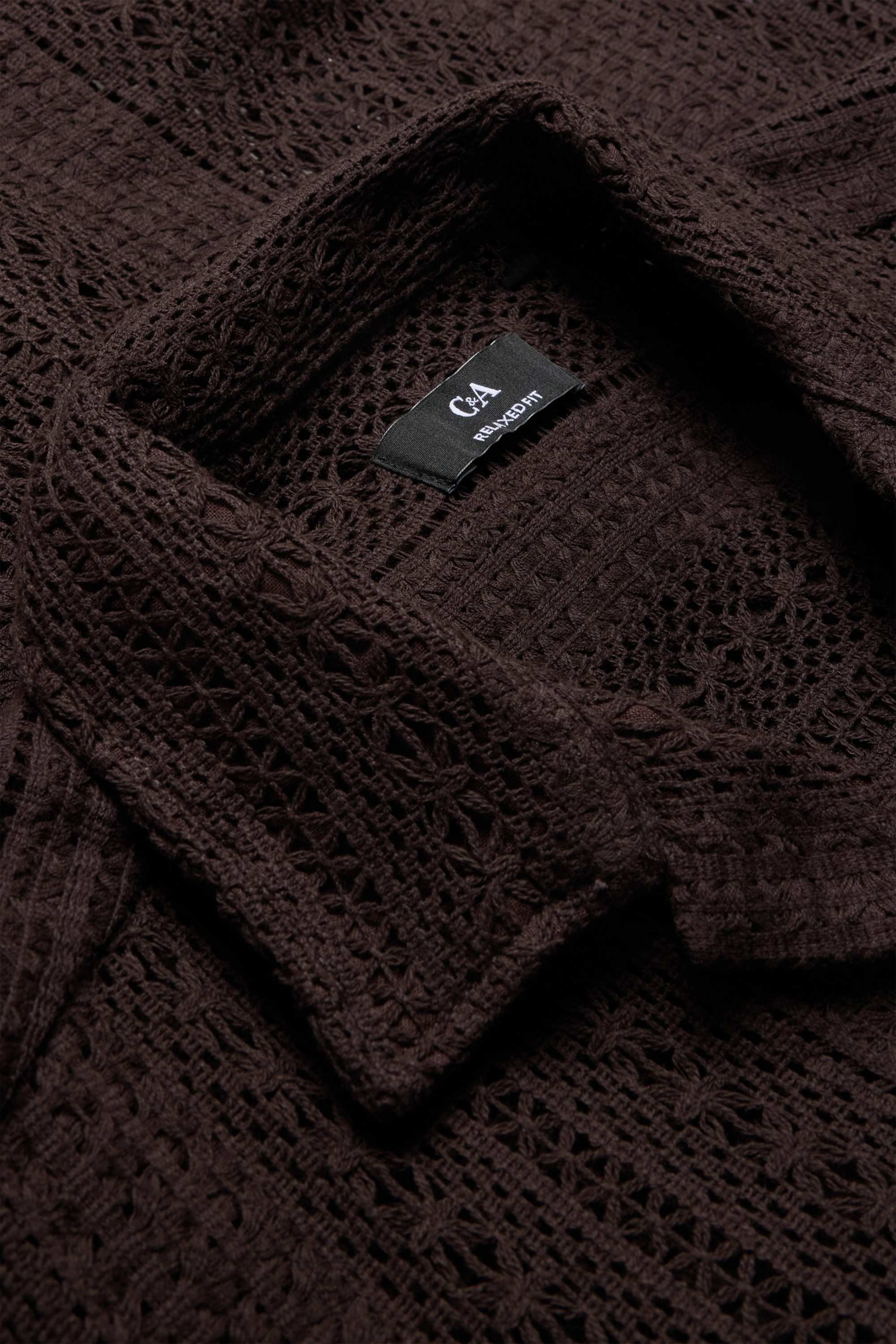 Knitted shirt - relaxed fit - lapel collar - striped dark brown
