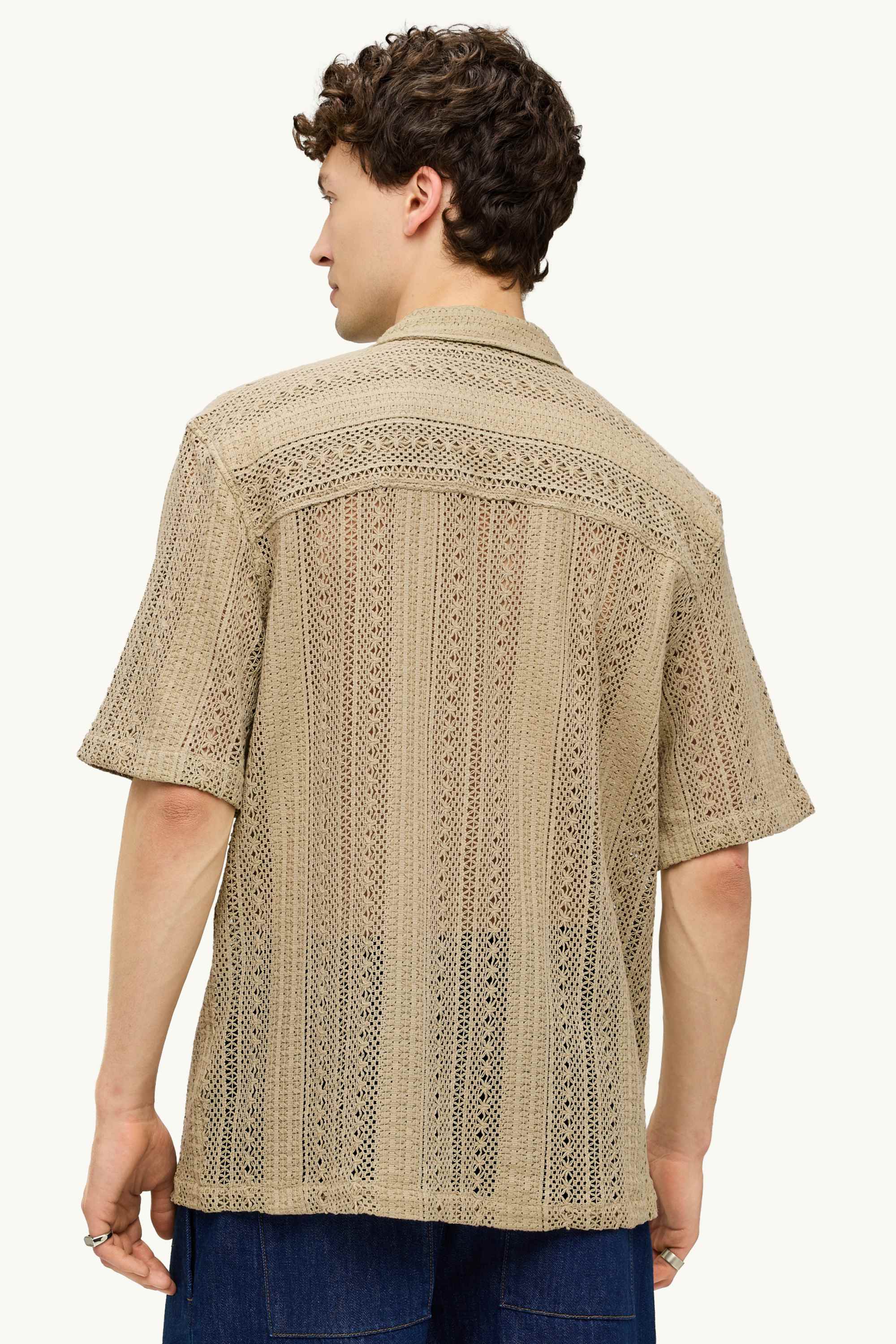 Knitted shirt - relaxed fit - lapel collar - striped beige