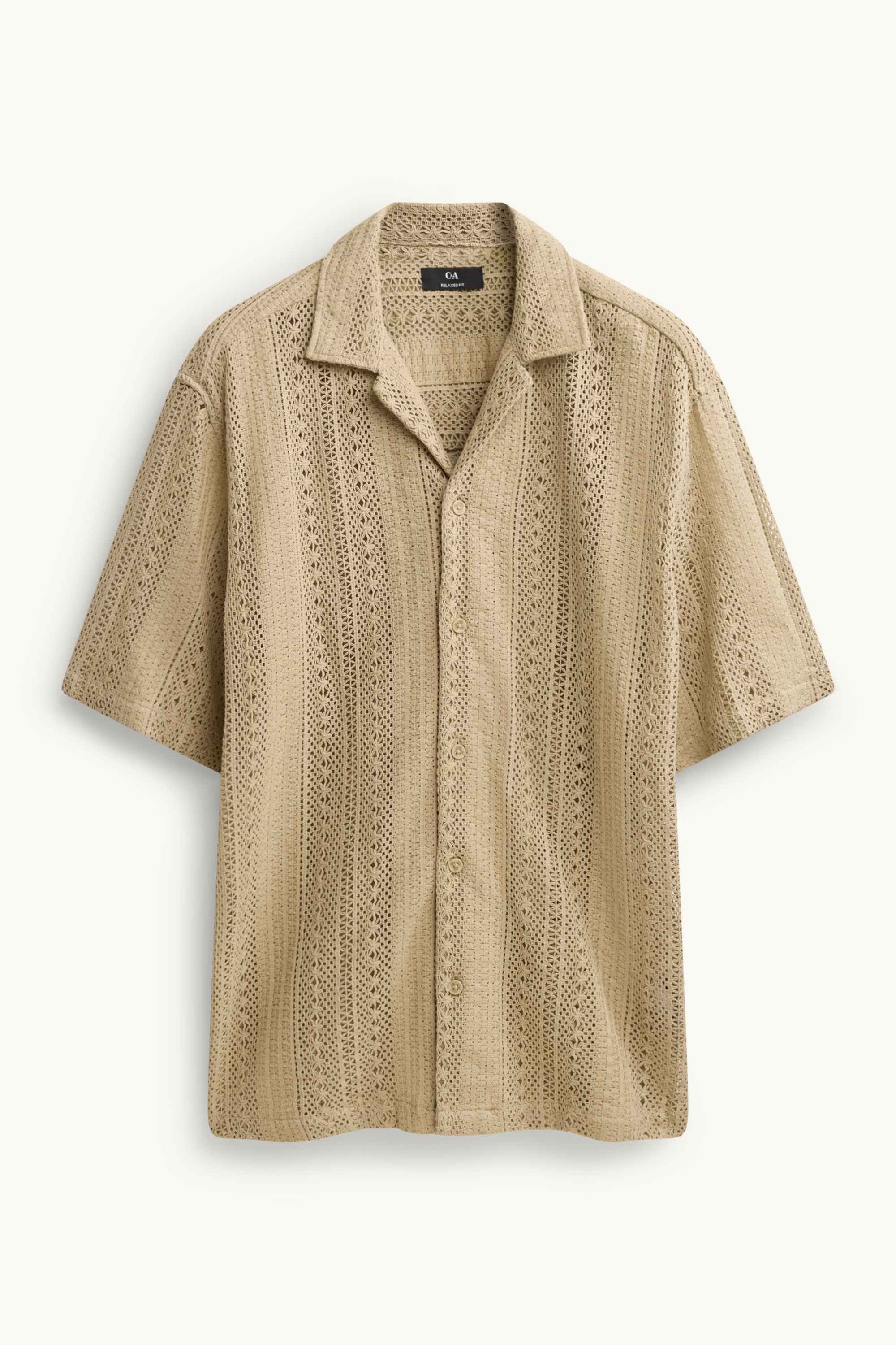 Knitted shirt - relaxed fit - lapel collar - striped beige
