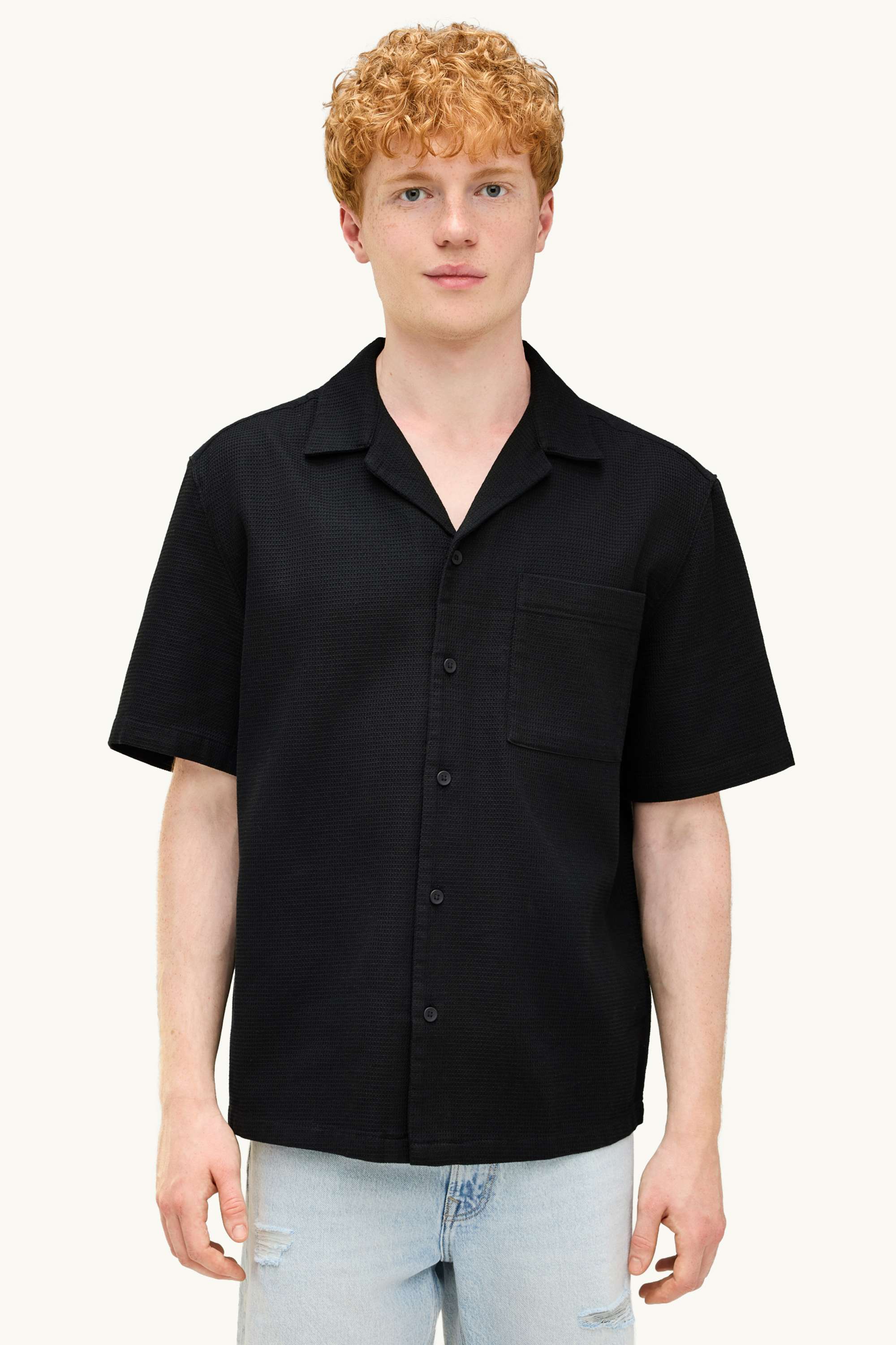 Shirt - relaxed fit - lapel collar - textured black