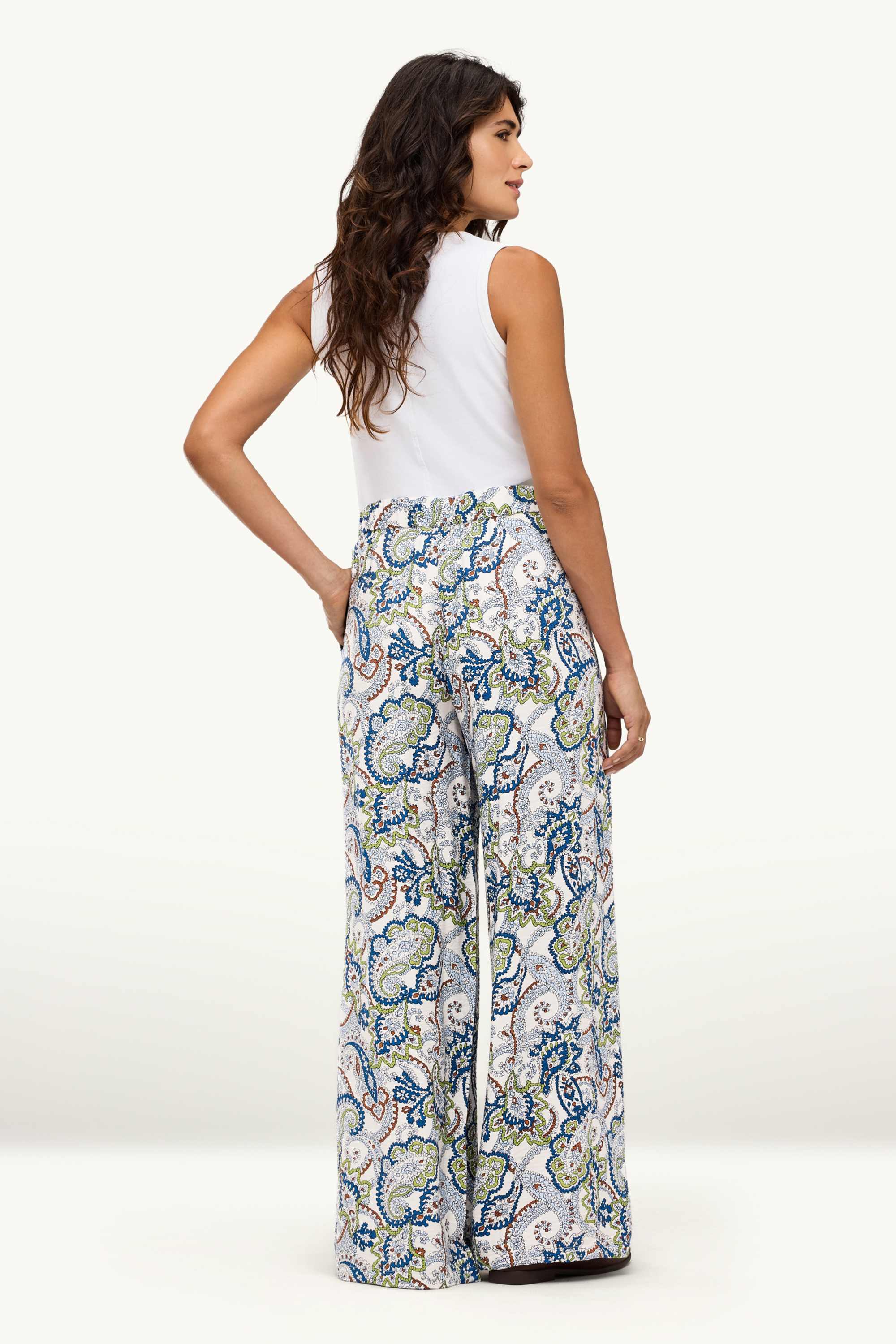 Cloth trousers - high waist - wide leg - patterned white / blue