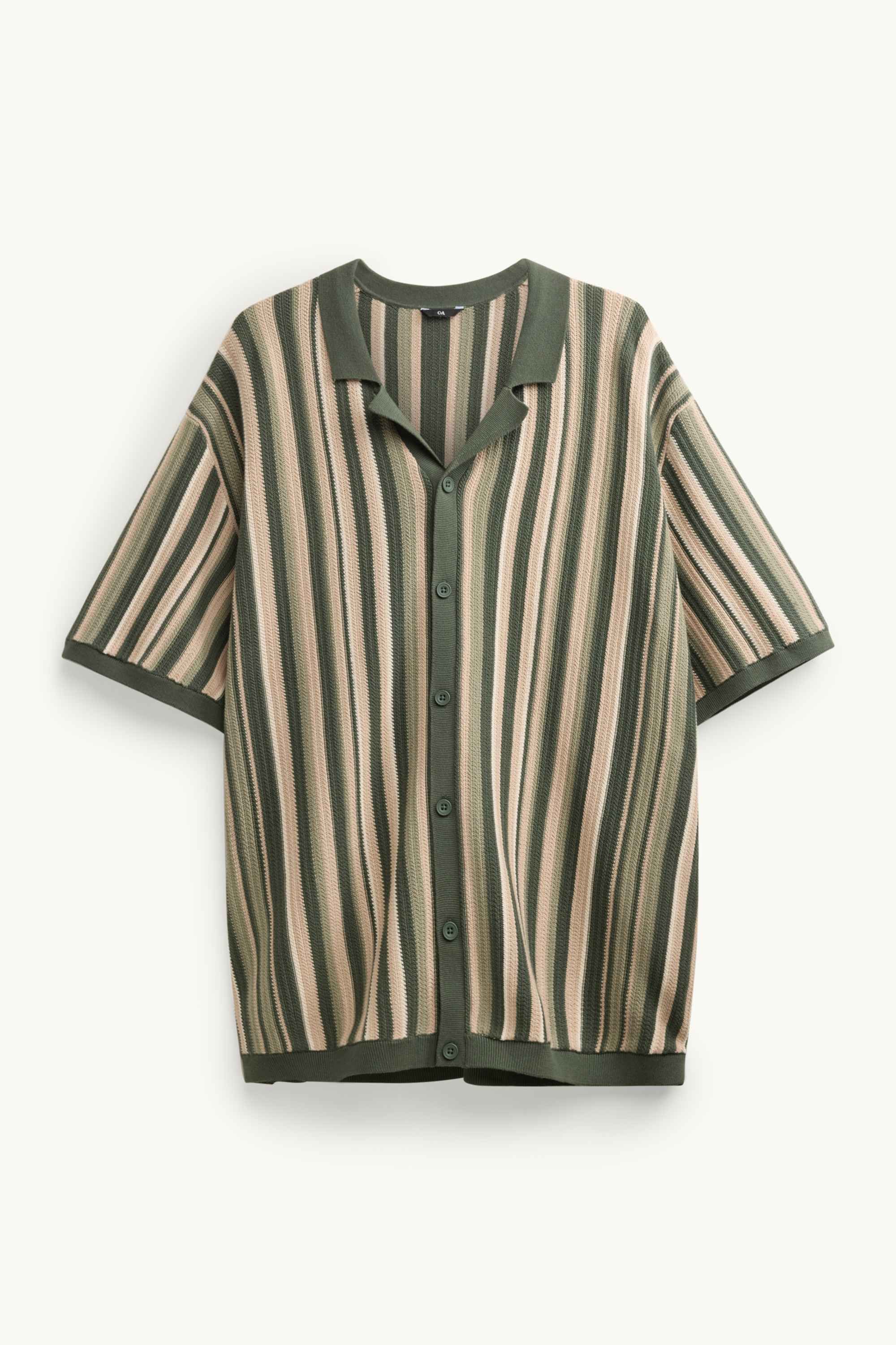 Knitted shirt - regular fit - lapel collar - striped khaki
