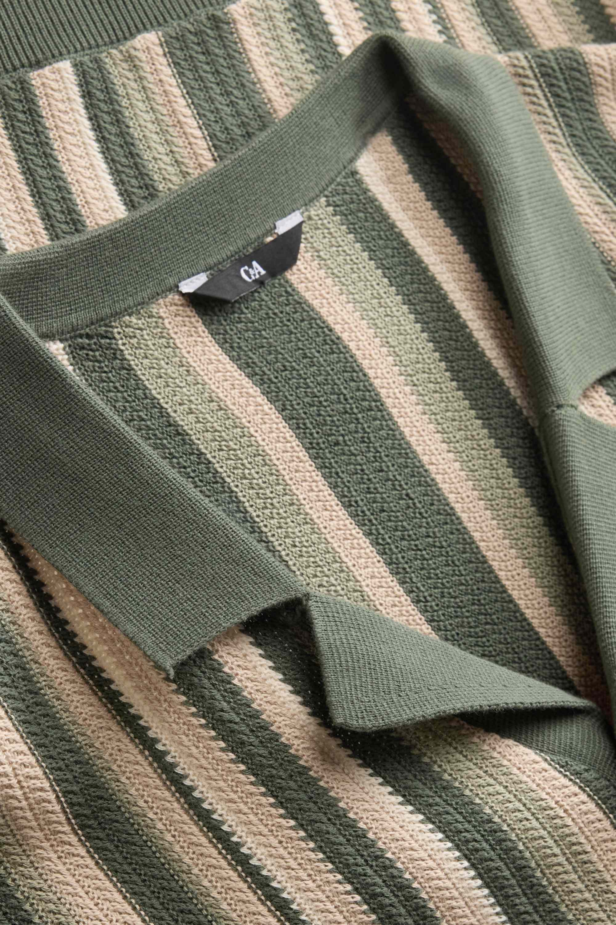Knitted shirt - regular fit - lapel collar - striped khaki