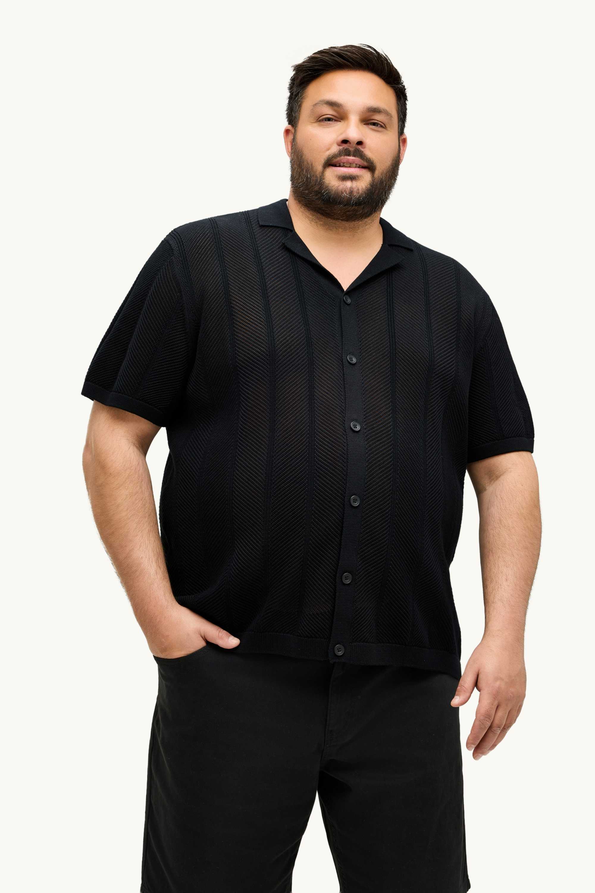 Knitted shirt - regular fit - lapel collar - textured black