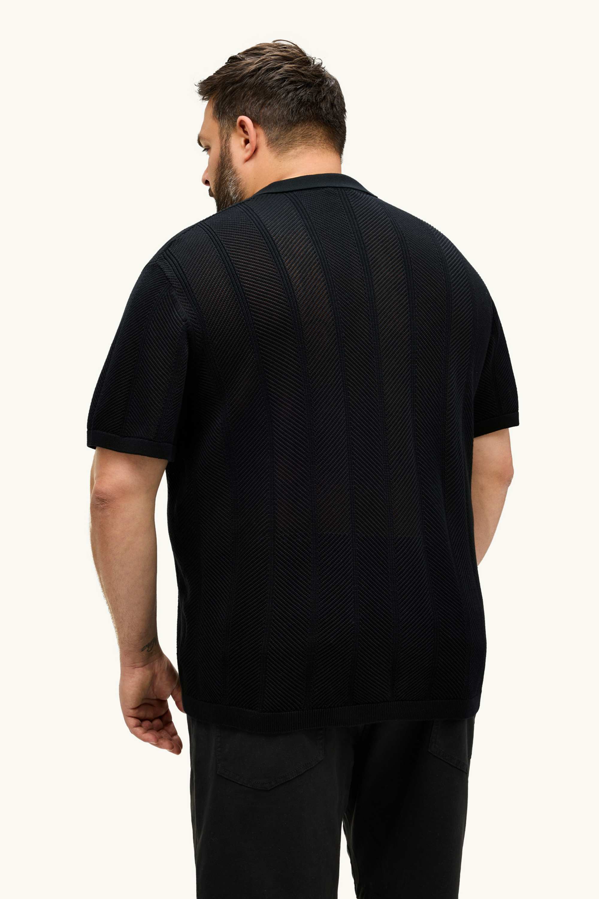 Knitted shirt - regular fit - lapel collar - textured black