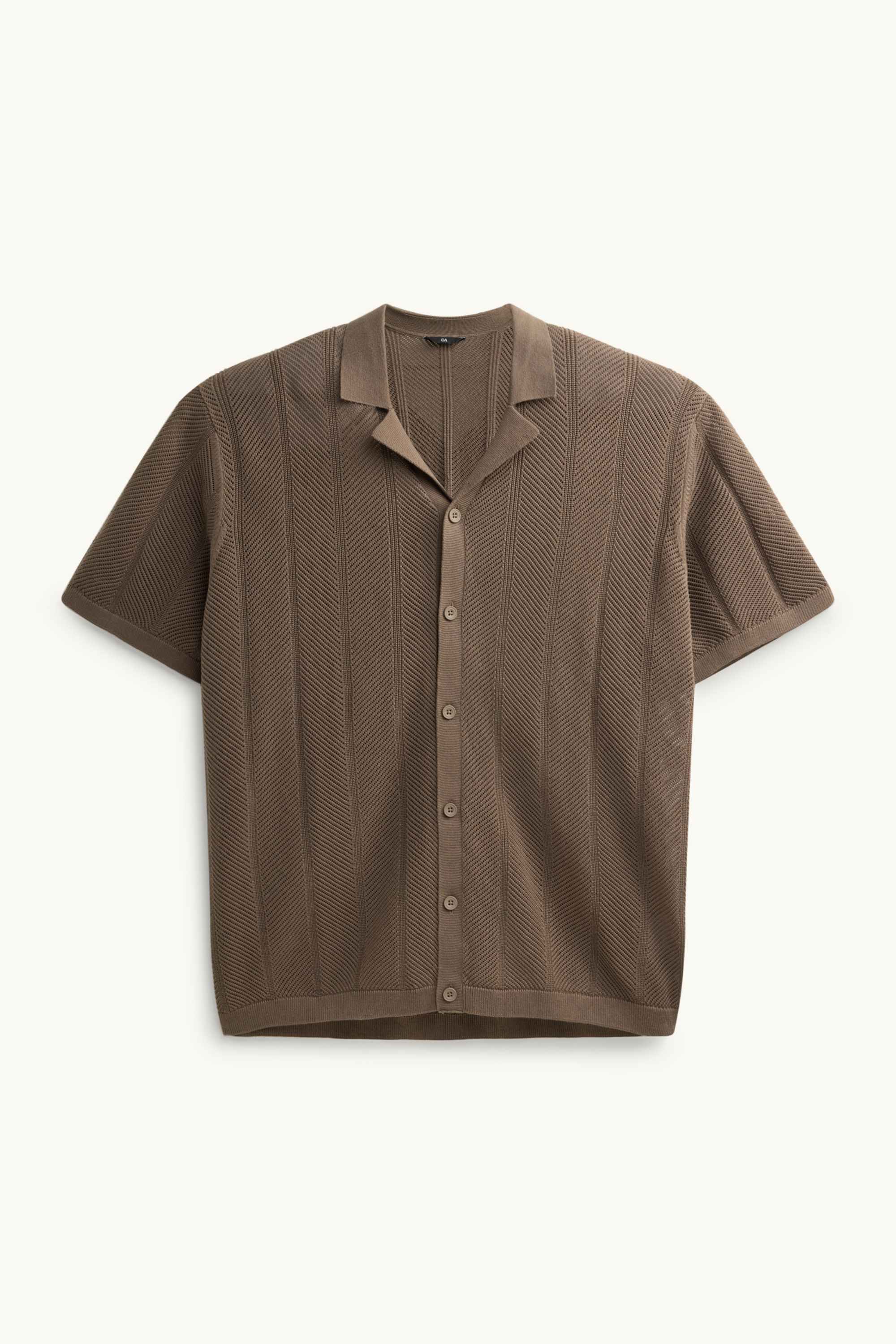 Knitted shirt - regular fit - lapel collar - textured brown