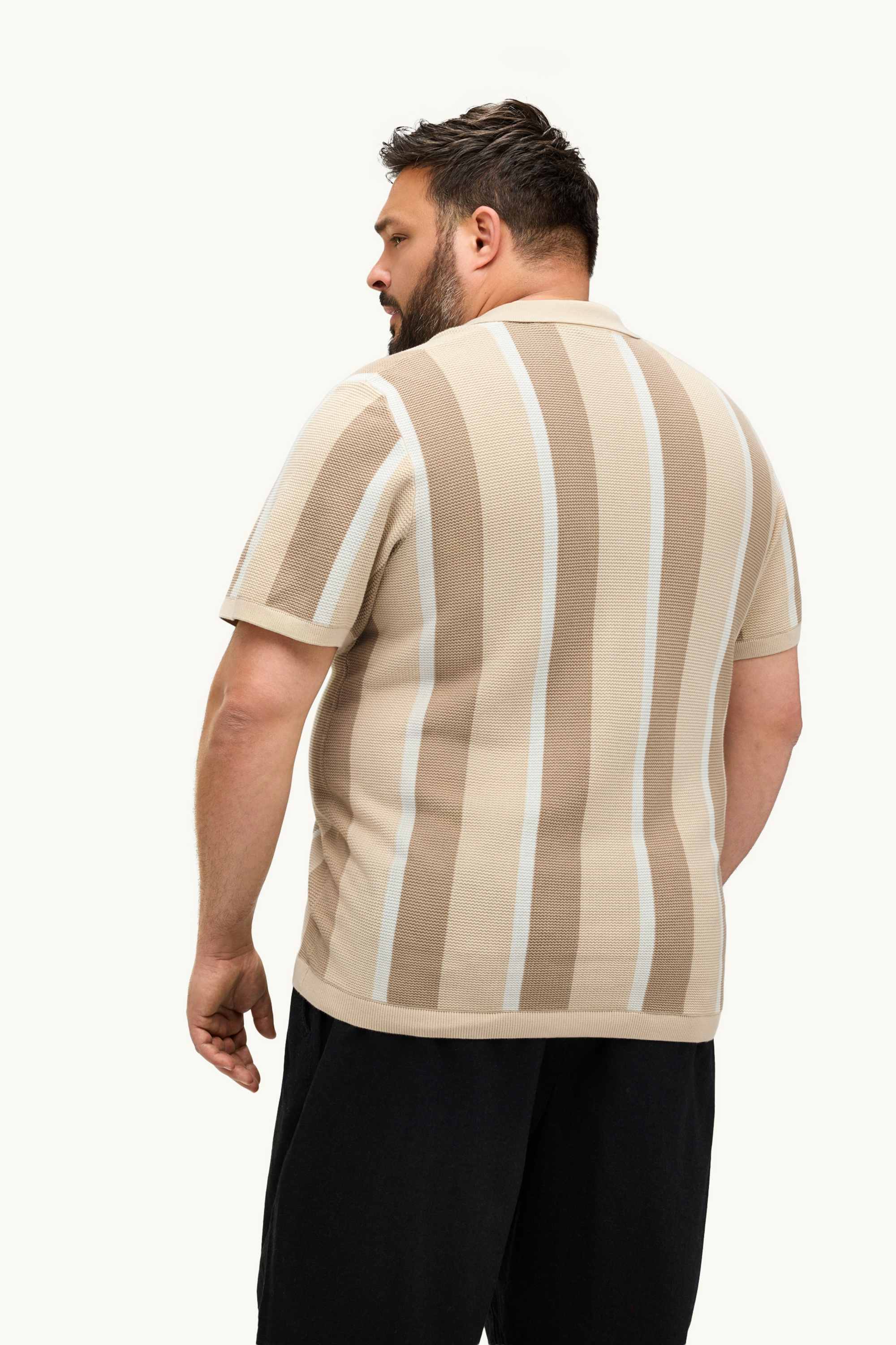 Knitted polo shirt - regular fit - striped - textured beige