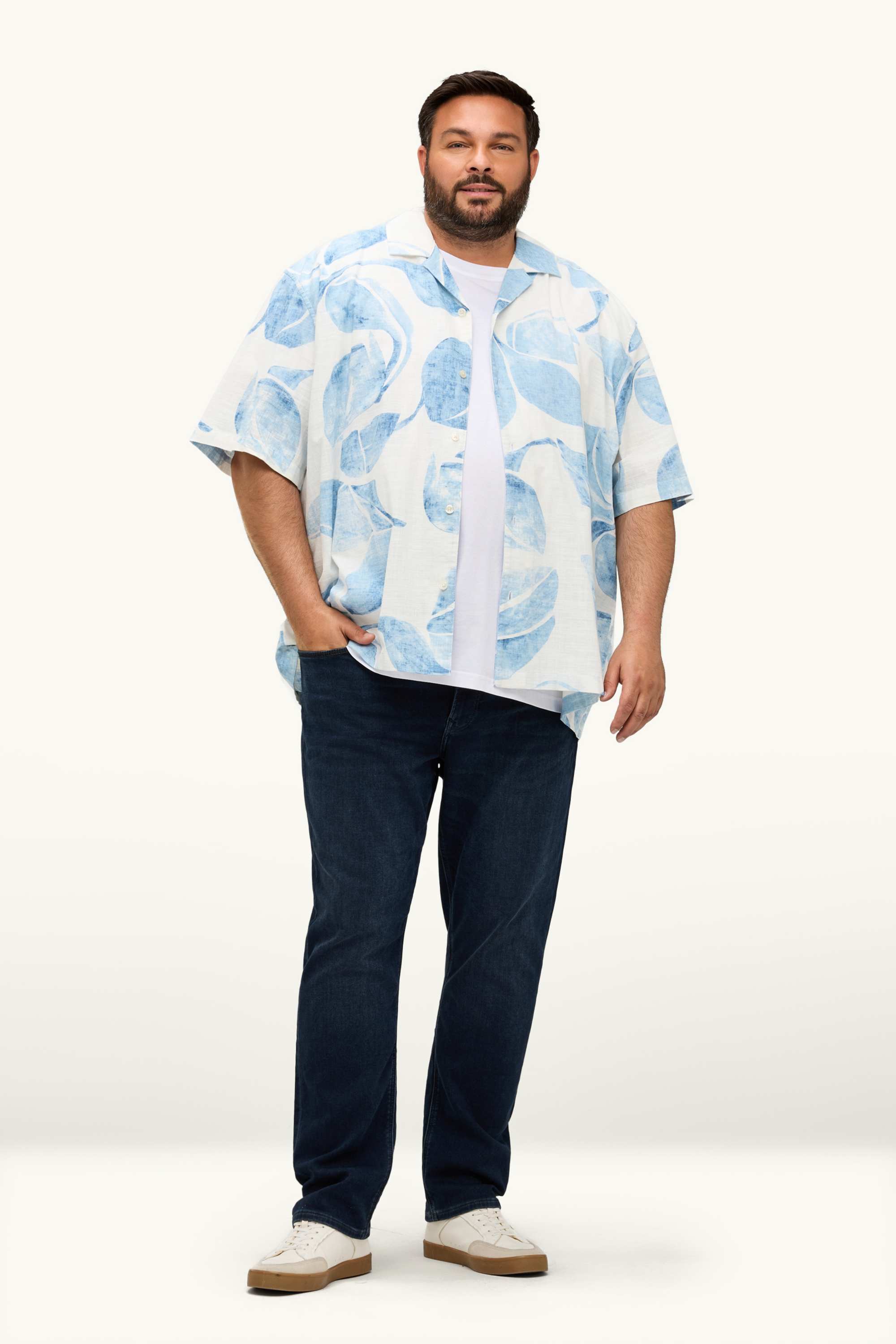 Shirt - loose fit - lapel collar - patterned white / blue